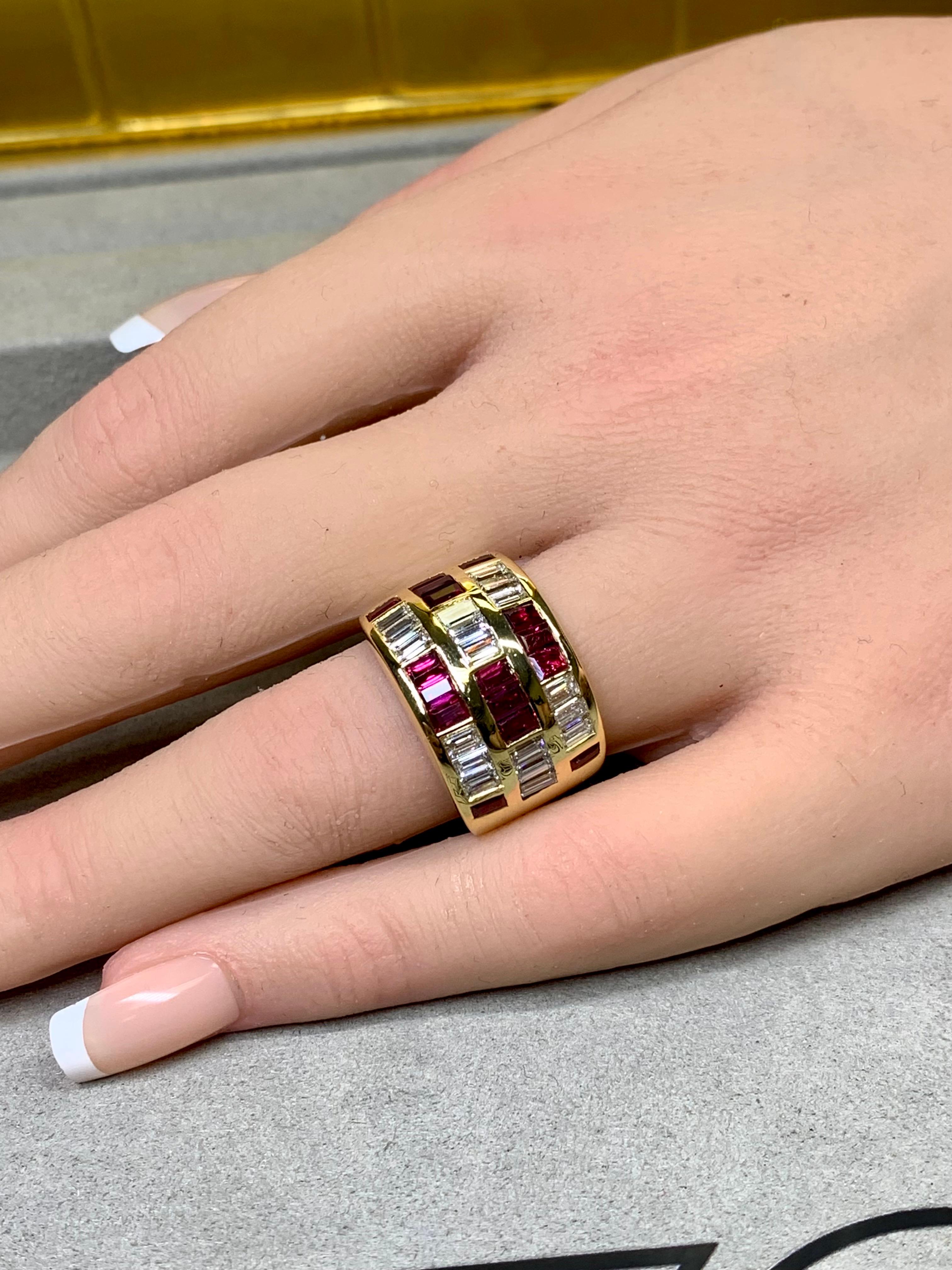Estate 18K Baguette Diamond Ruby Wide Band Channel Set Italian Cocktail Ring For Sale 1