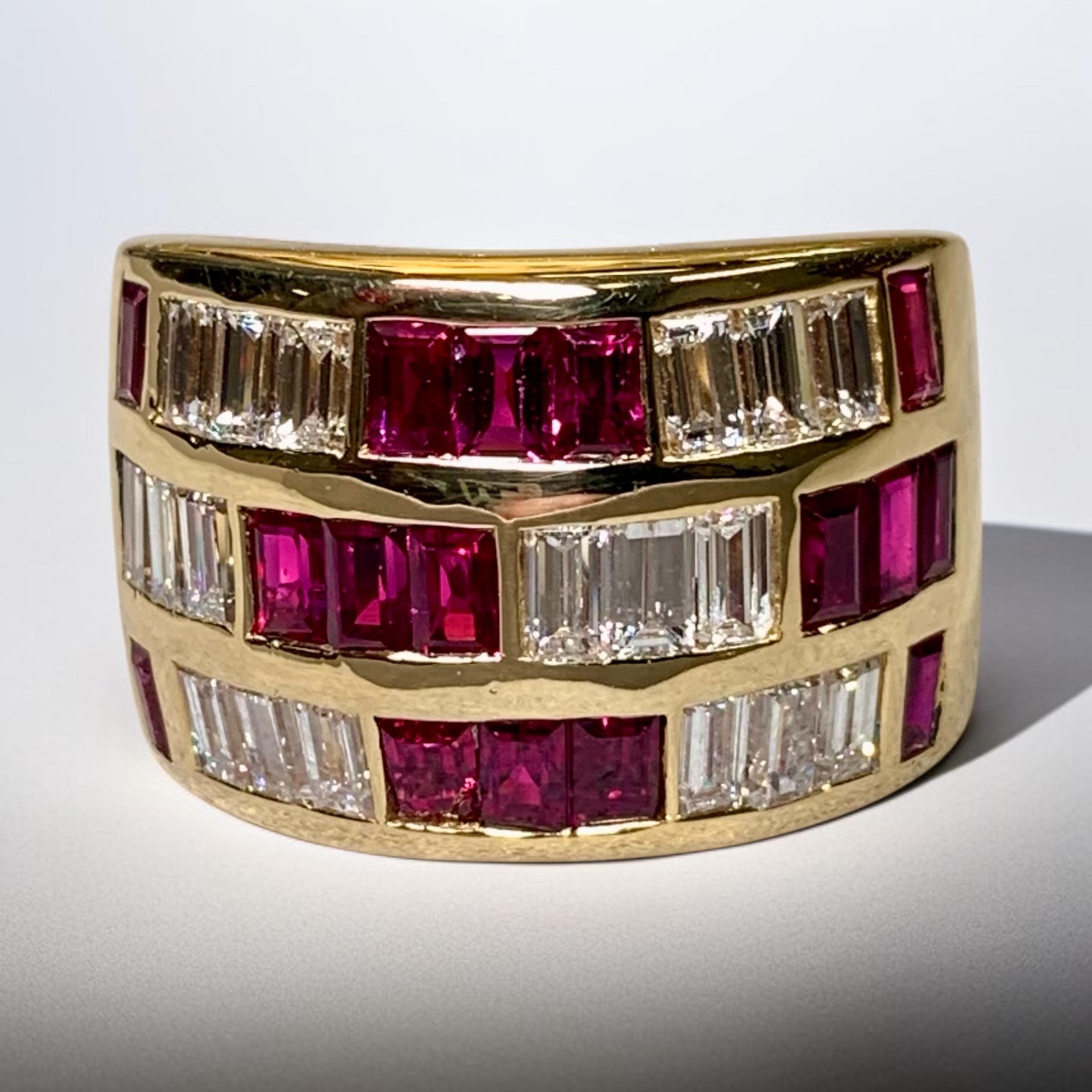 Estate 18K Baguette Diamond Ruby Wide Band Channel Set Italian Cocktail Ring For Sale 2