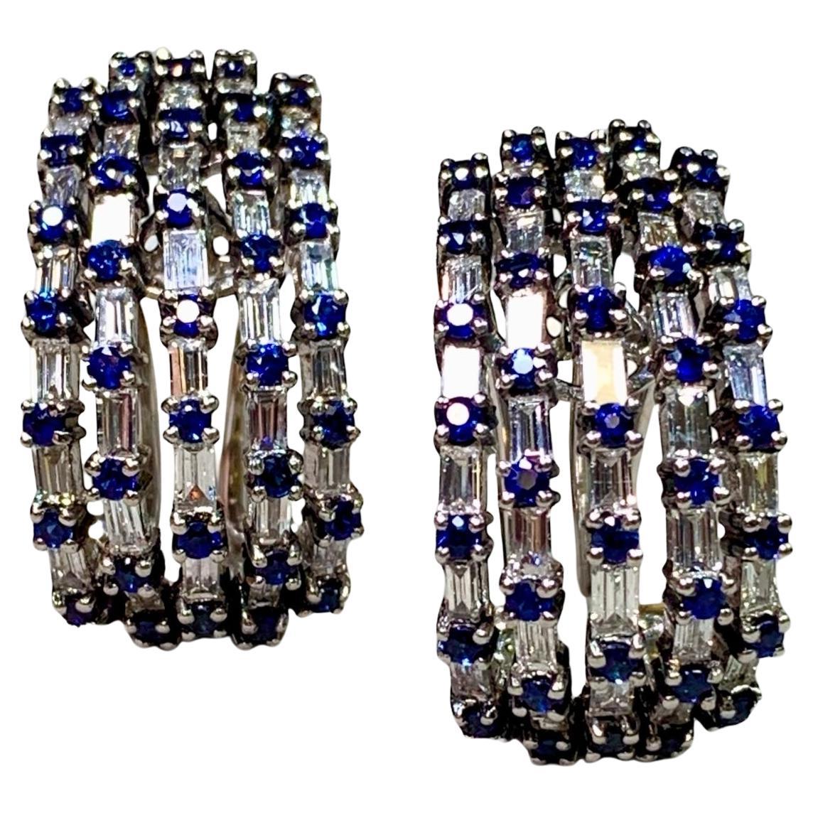 Estate 18K Baguette Diamond Sapphire 5 Row Omega Back Huggie Earrings 6.70ctw For Sale