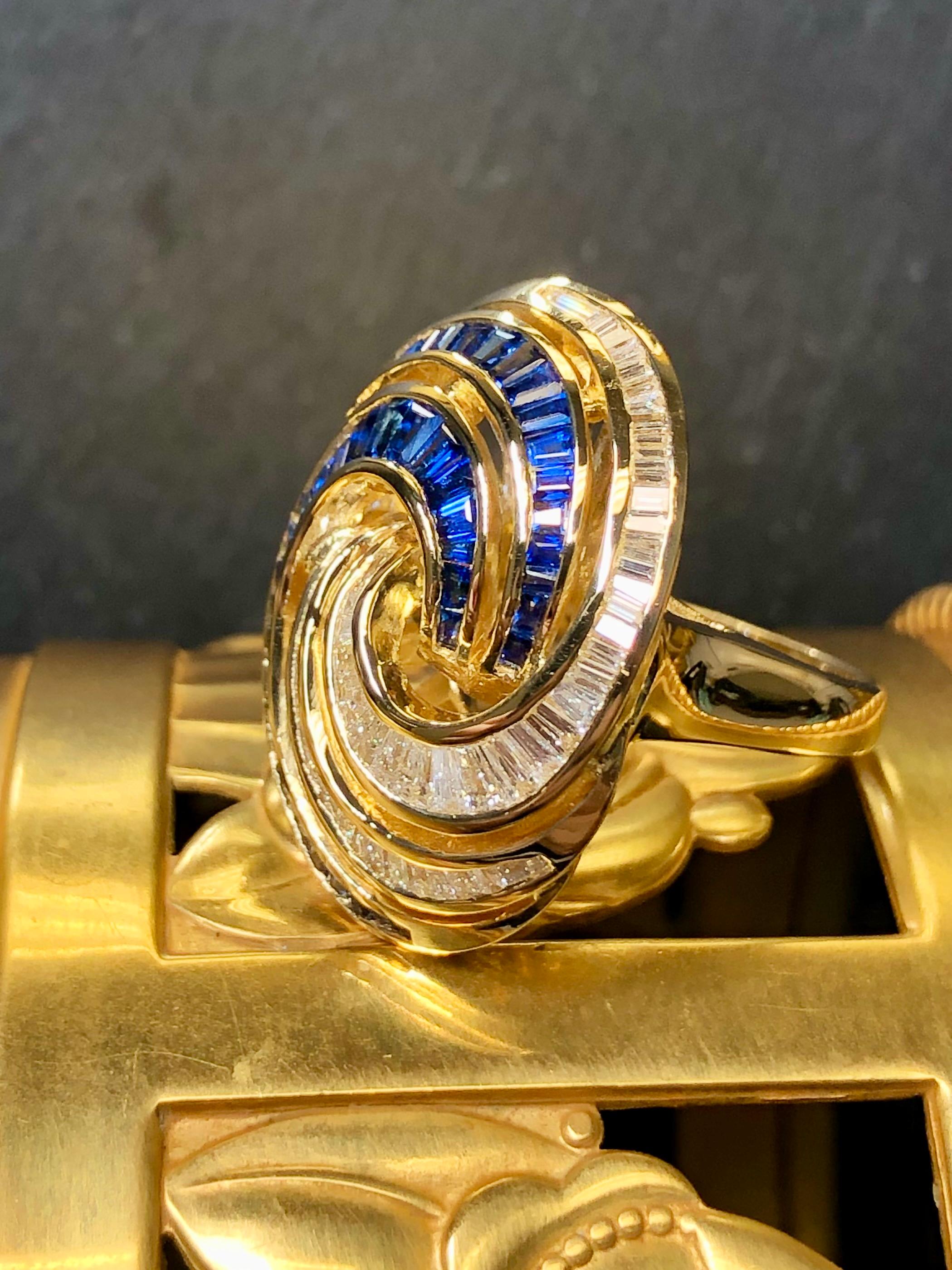 Contemporary Estate 18K Baguette Diamond Sapphire Spiral Swirl Cocktail Ring 5.10cttw For Sale