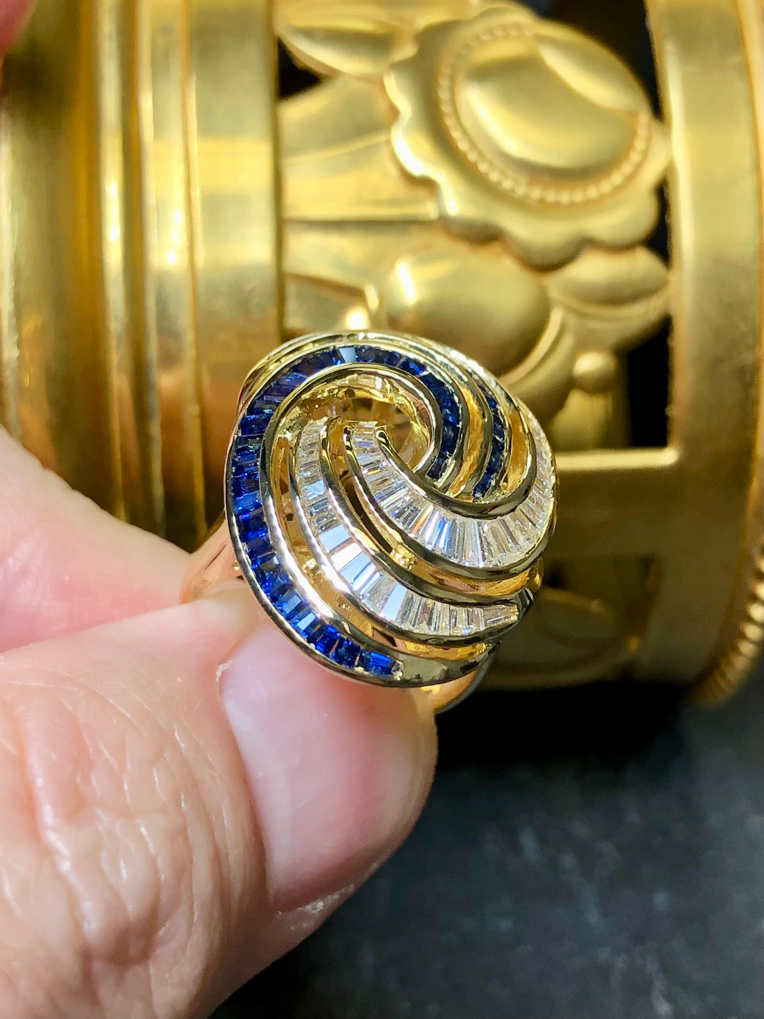 Estate 18K Baguette Diamond Sapphire Spiral Swirl Cocktail Ring 5.10cttw In Excellent Condition For Sale In Winter Springs, FL