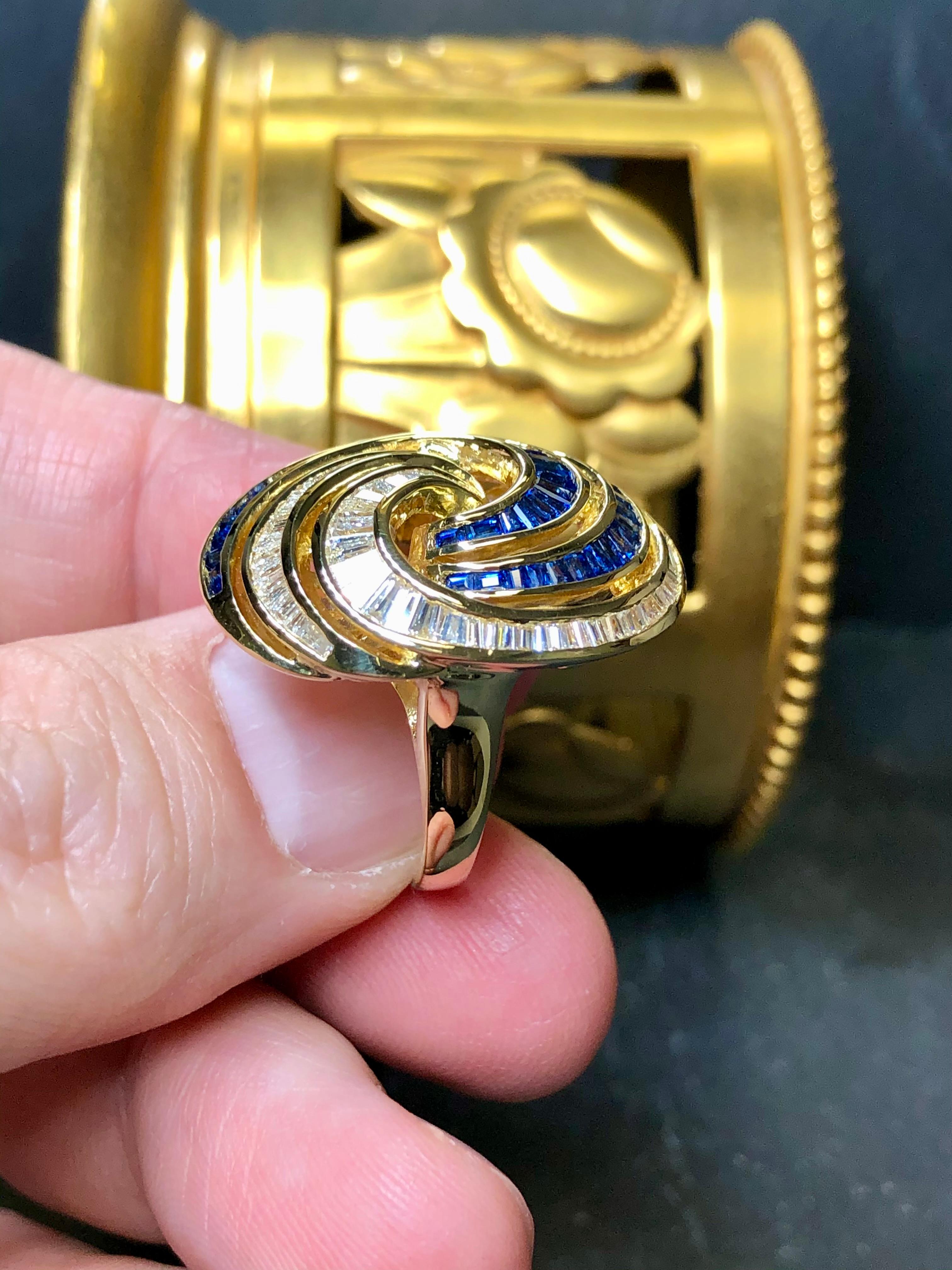 Women's or Men's Estate 18K Baguette Diamond Sapphire Spiral Swirl Cocktail Ring 5.10cttw For Sale
