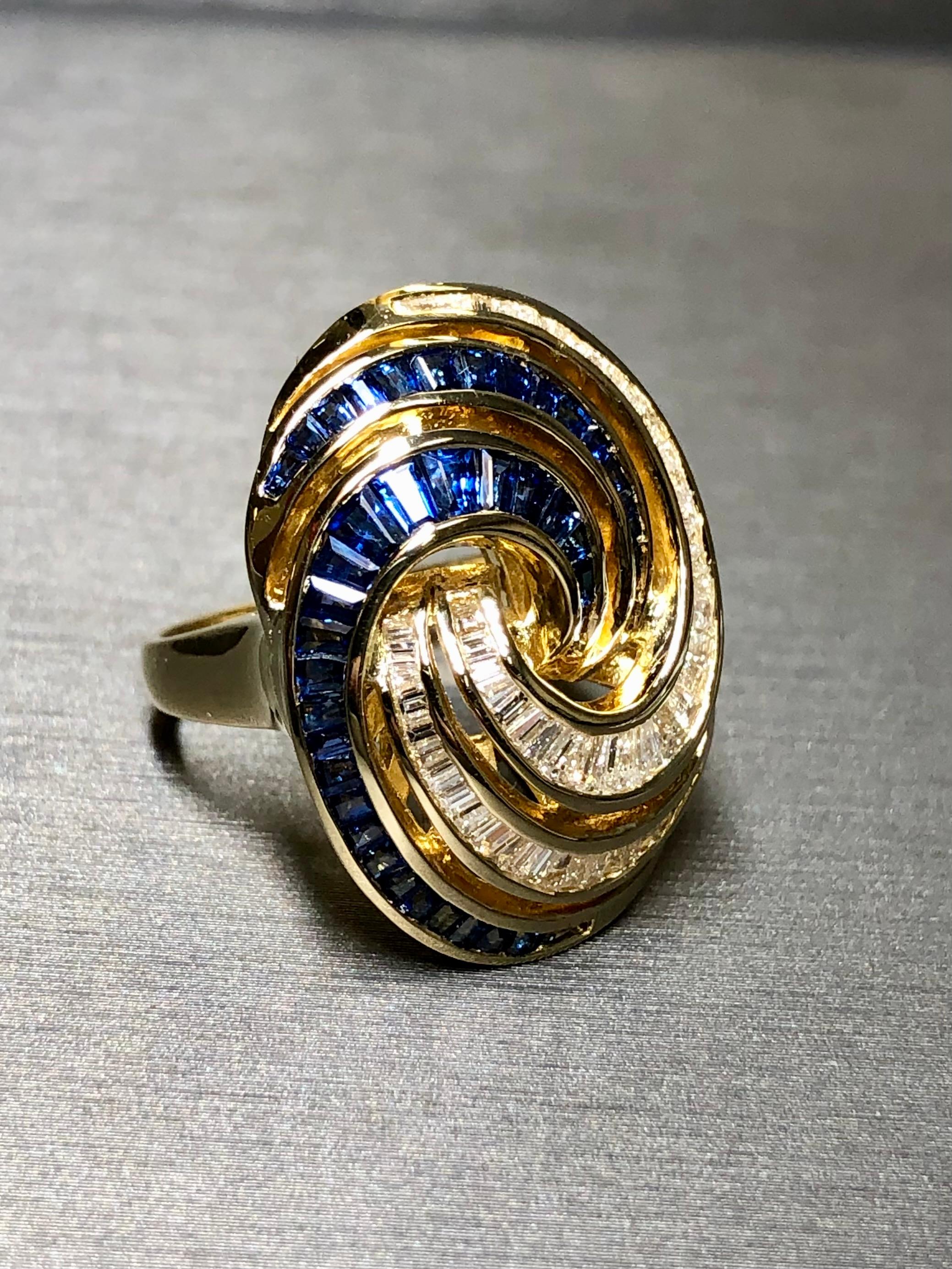 Estate 18K Baguette Diamond Sapphire Spiral Swirl Cocktail Ring 5.10cttw For Sale 3