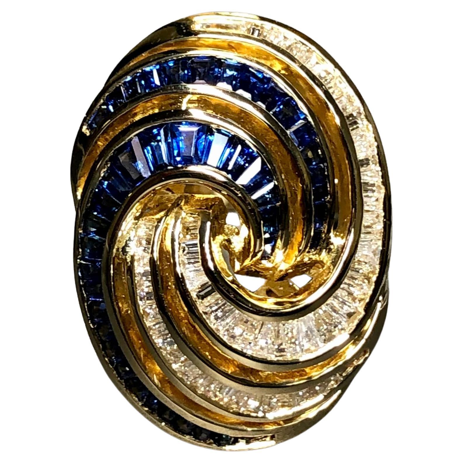 Estate 18K Baguette Diamond Sapphire Spiral Swirl Cocktail Ring 5.10cttw For Sale