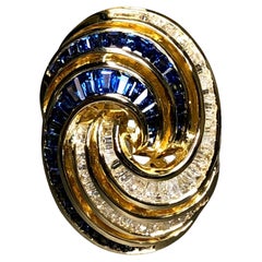 Estate 18K Baguette Diamond Sapphire Spiral Swirl Cocktail Ring 5.10cttw