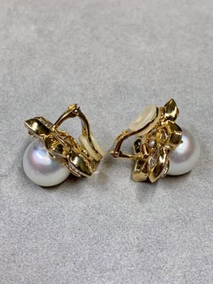 Estate 18K Baguette Diamond South Sea Pearl Floral Huggie Earrings 9ctw 14.75mm
