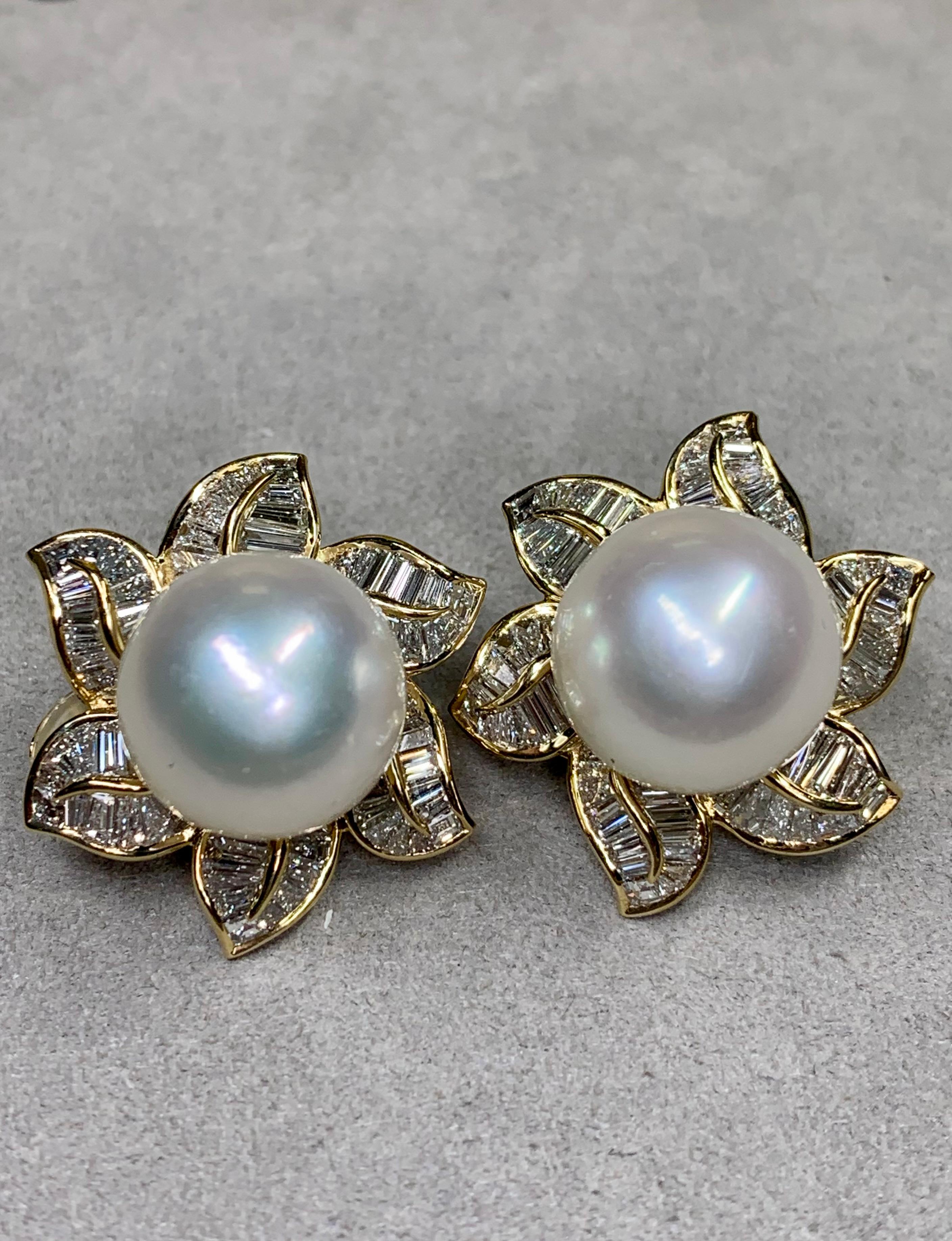 Baguette Cut Estate 18K Baguette Diamond South Sea Pearl Floral Huggie Earrings 9ctw 14.75mm For Sale