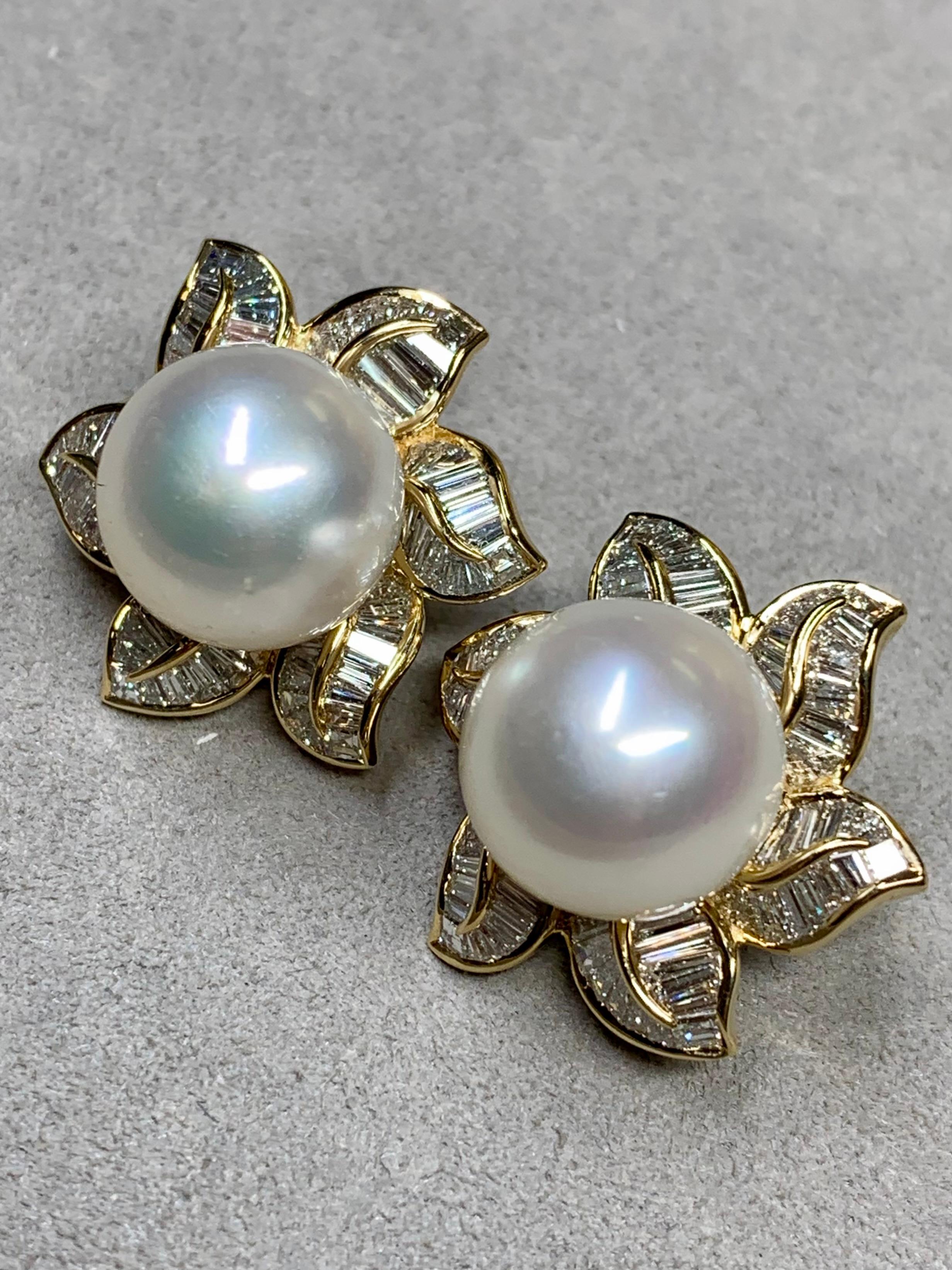 Estate 18K Baguette Diamond South Sea Pearl Floral Huggie Earrings 9ctw 14.75mm In Excellent Condition For Sale In Winter Springs, FL