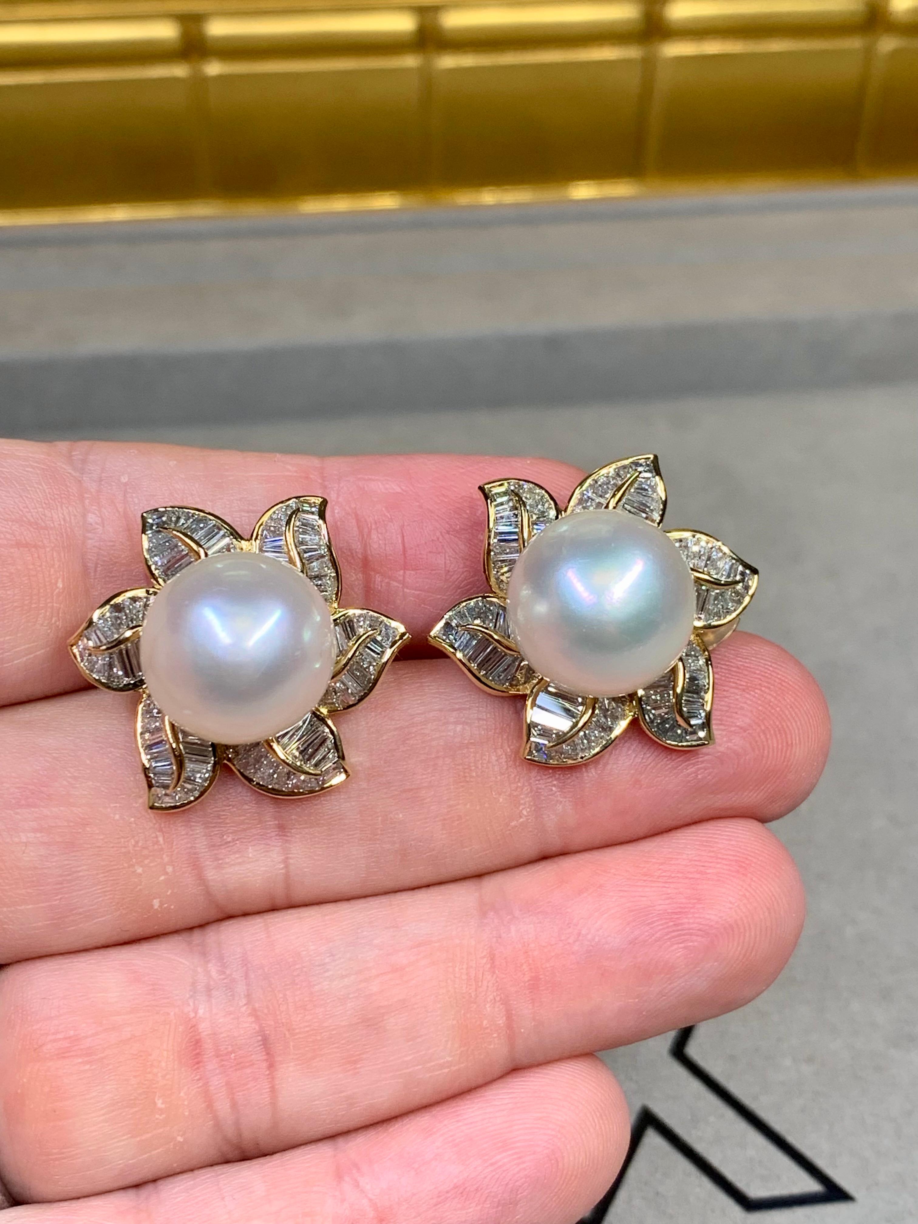 Estate 18K Baguette Diamond South Sea Pearl Floral Huggie Earrings 9ctw 14.75mm For Sale 1