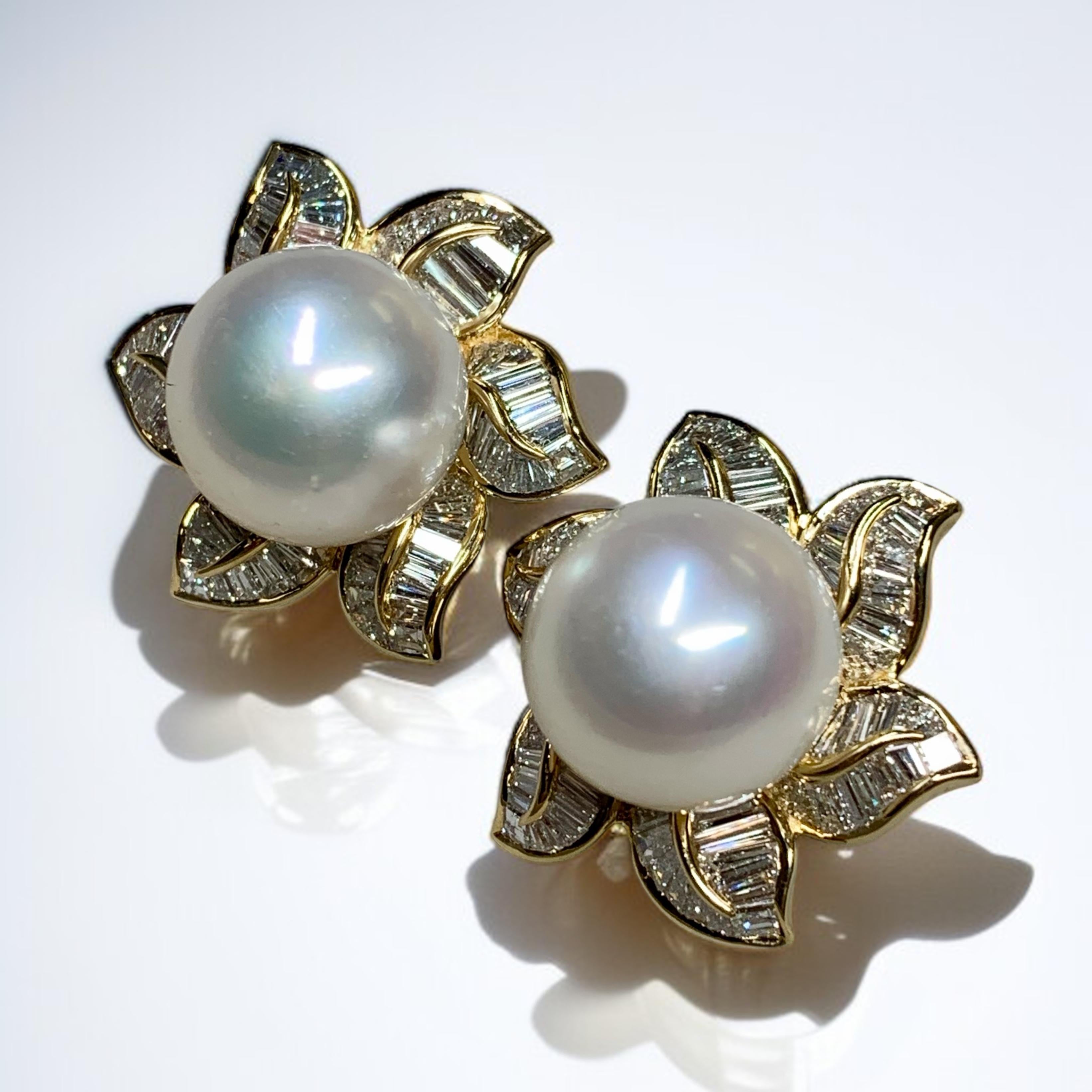 Estate 18K Baguette Diamond South Sea Pearl Floral Huggie Earrings 9ctw 14.75mm For Sale 2