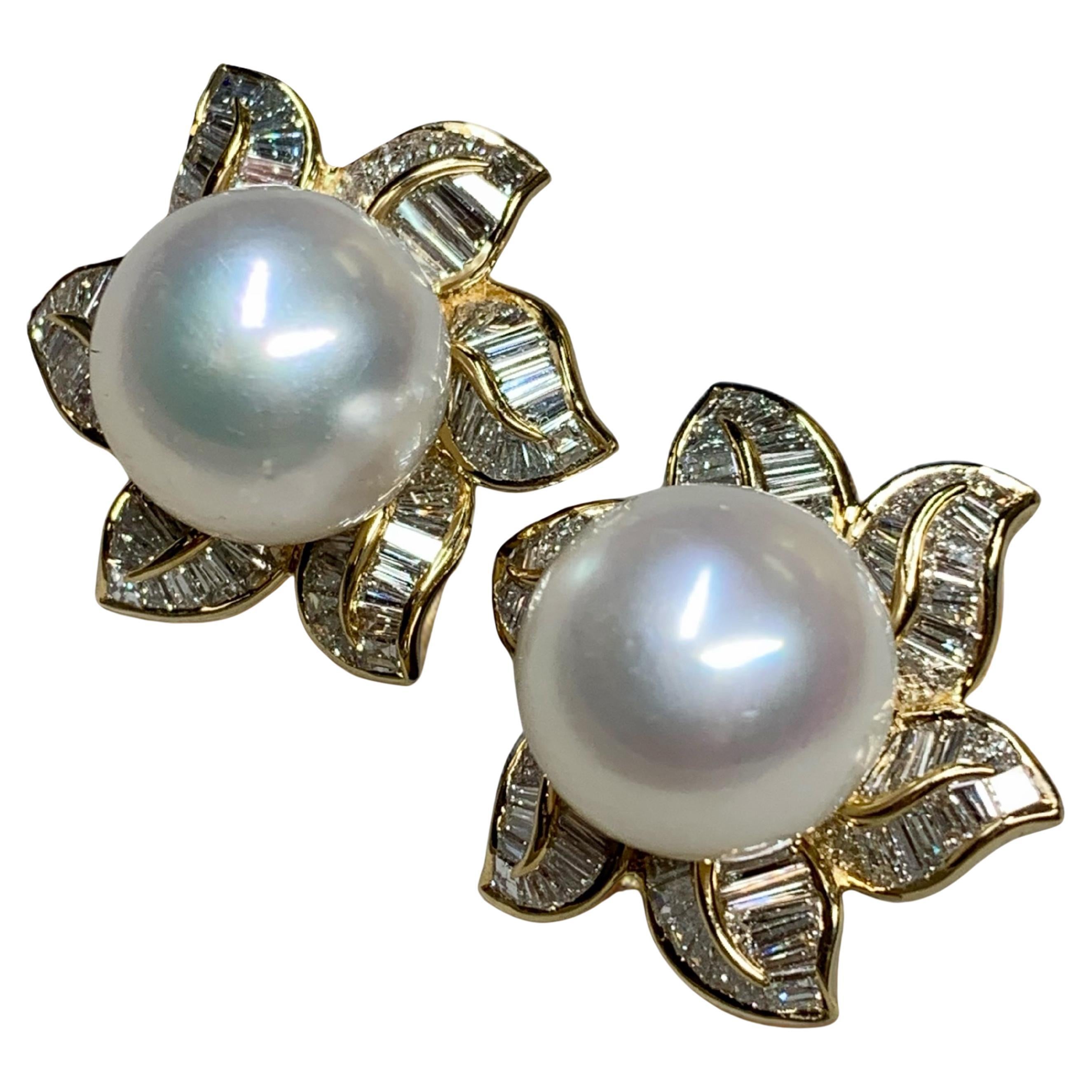 Estate 18K Baguette Diamond South Sea Pearl Floral Huggie Earrings 9ctw 14.75mm