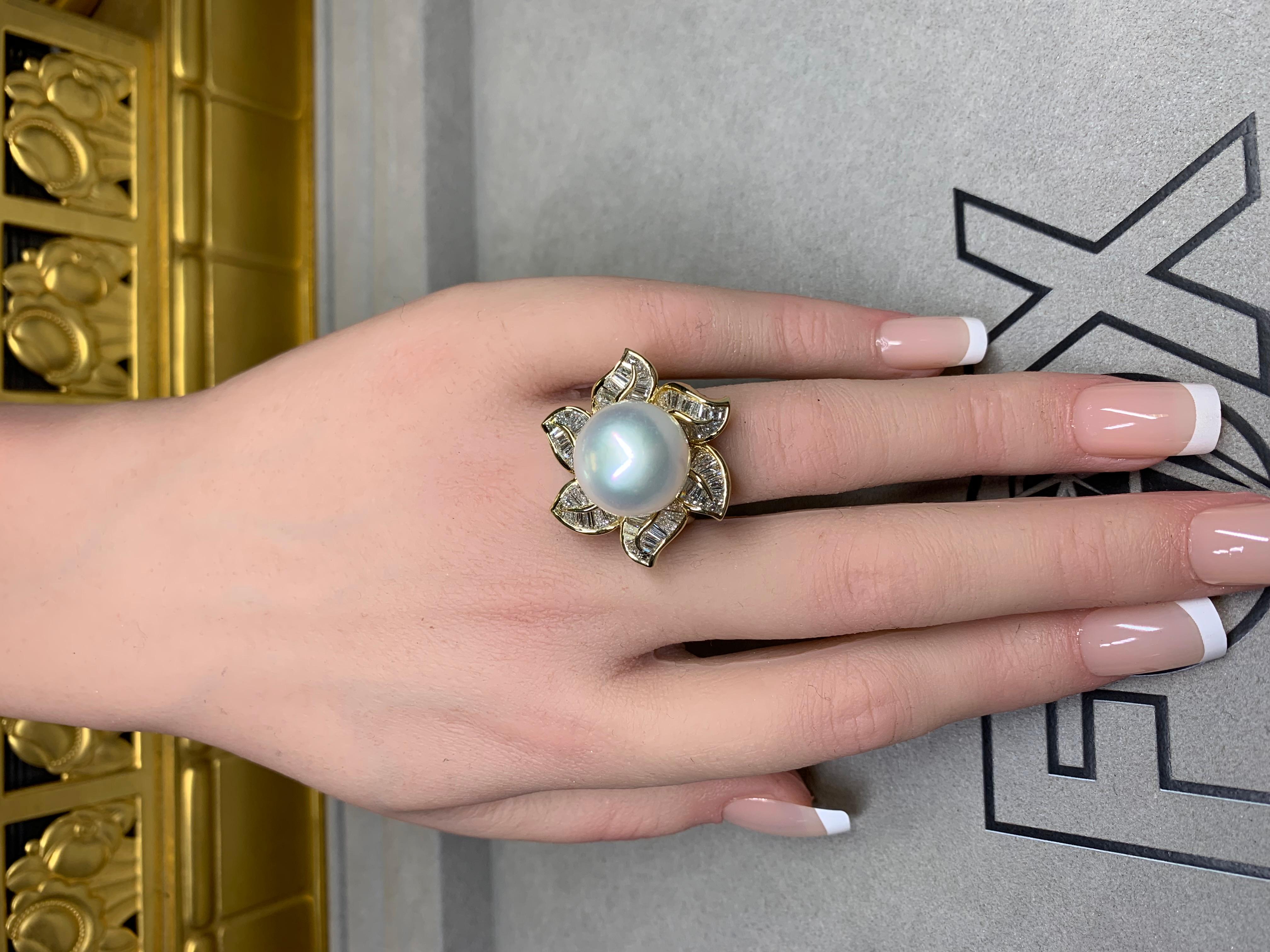 Estate 18K Baguette Diamond South Sea Pearl Large Floral Cocktail Ring 4.50ctw en vente 4