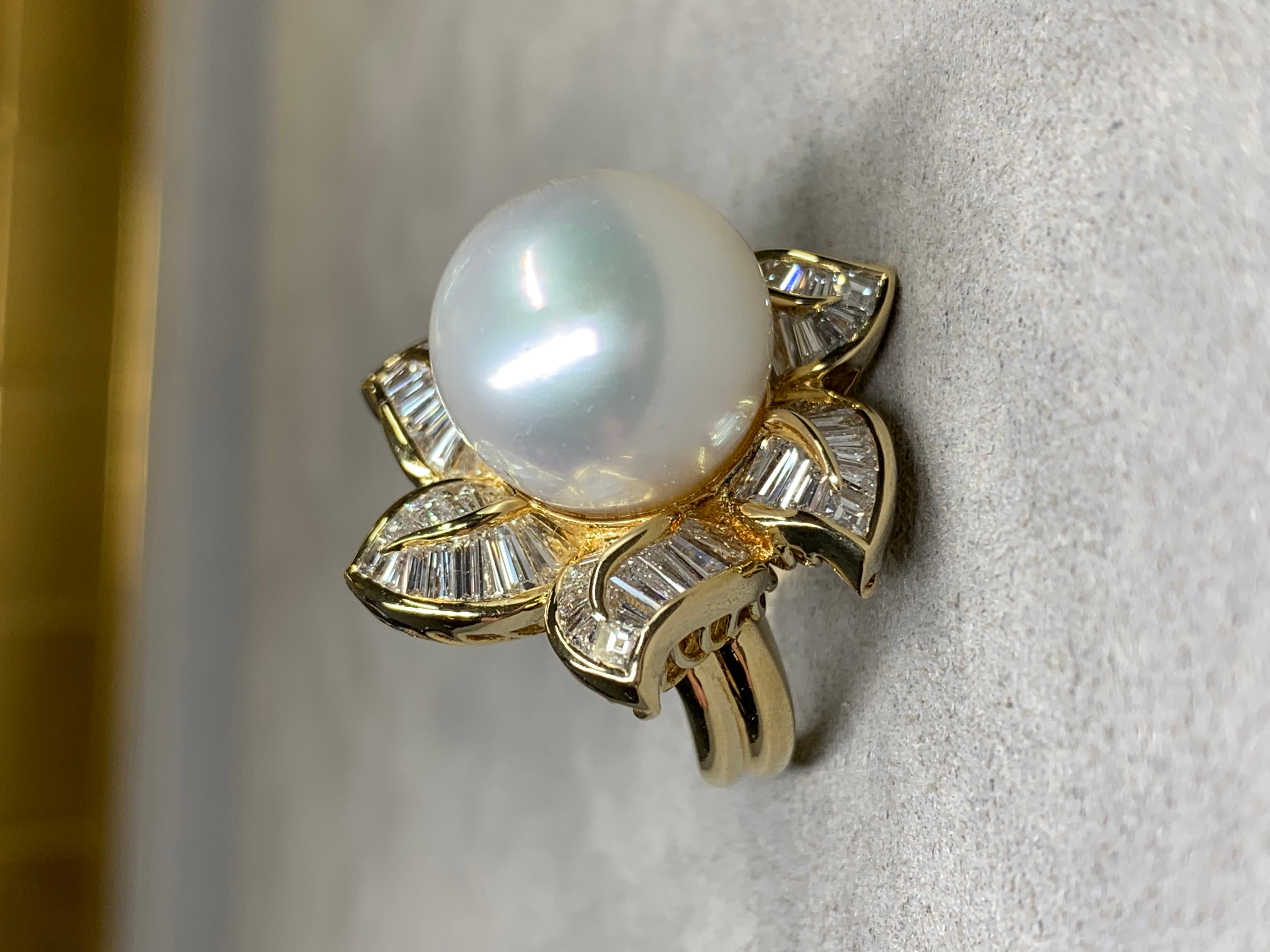 Contemporain Estate 18K Baguette Diamond South Sea Pearl Large Floral Cocktail Ring 4.50ctw en vente