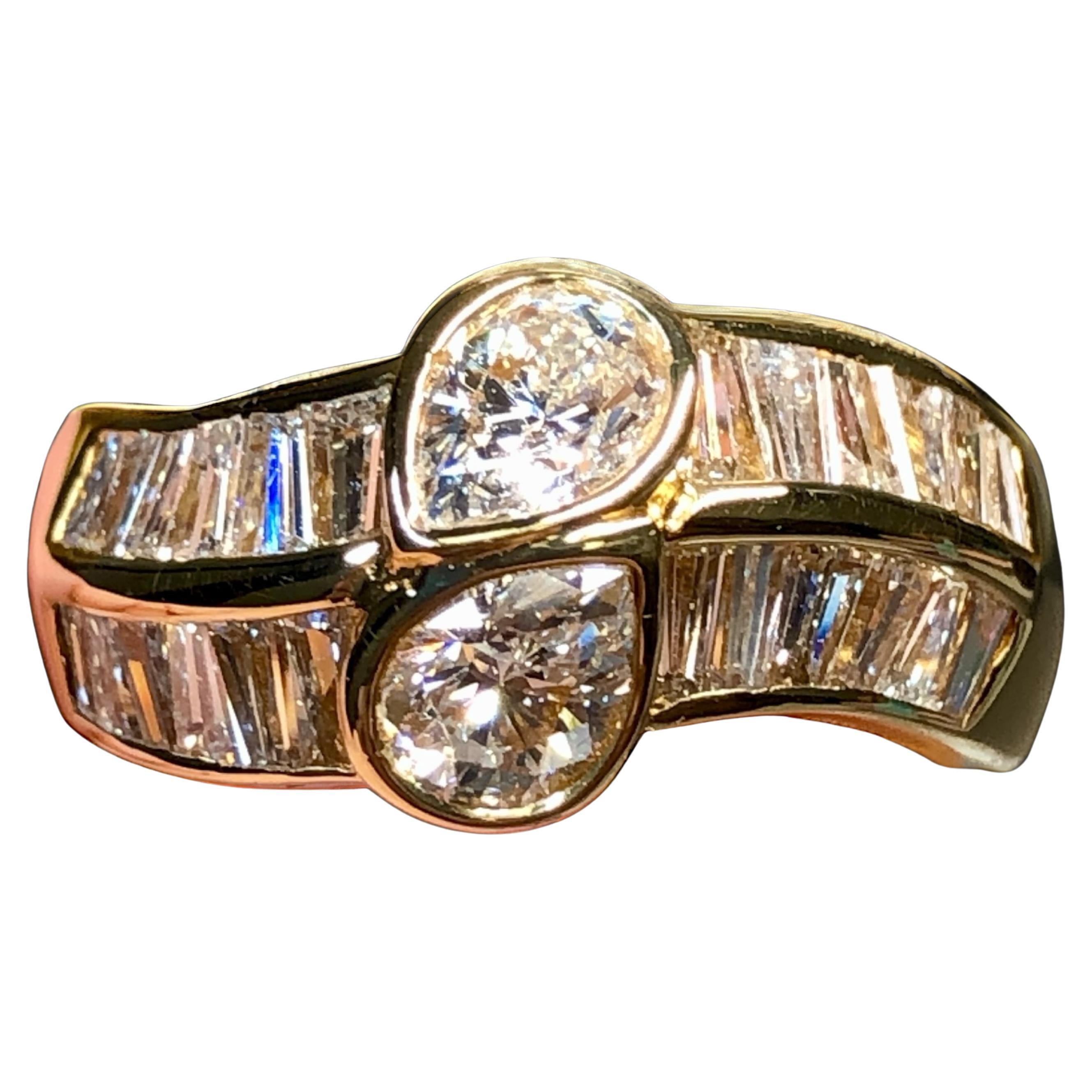 Estate 18K Baguette Pear Shape Diamond Cluster Bypass Ring 2.13ctw Sz 6.5