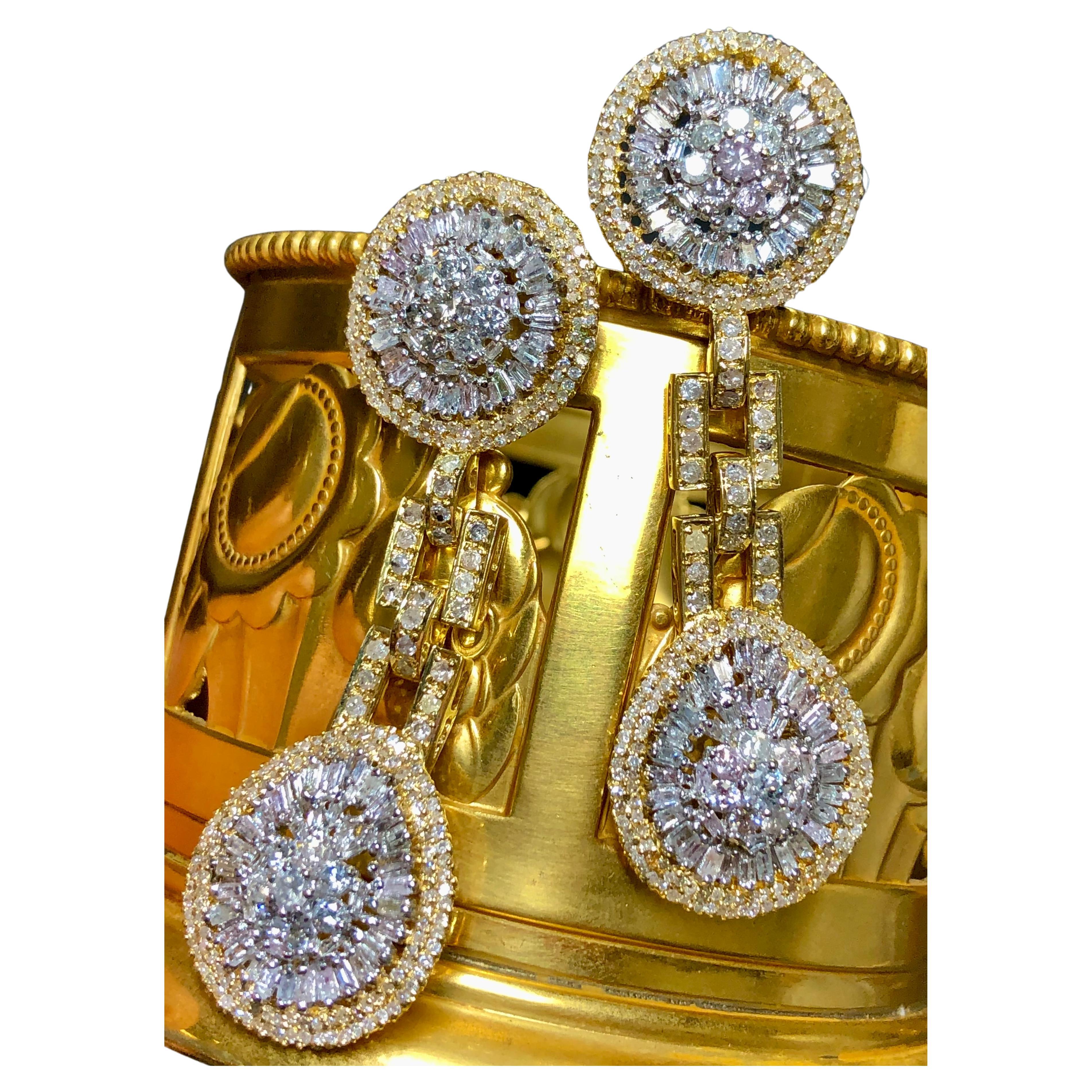 Estate 18K Baguette Round Diamond Articulating Drop Omega Back Earrings 9.30cttw
