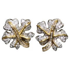 Vintage Estate 18k Baguette Round Diamond Leaf Clip on Huggie Earrings 3.30cttw G Vs