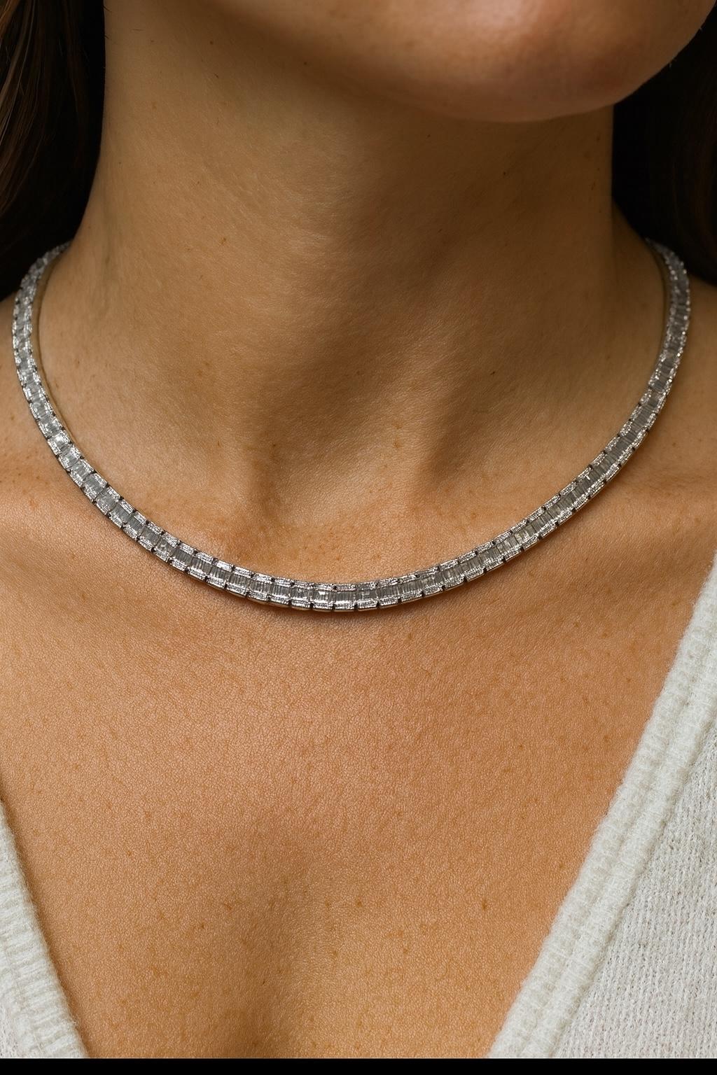 Estate 18k Baguette Round Diamond Rivière Style Necklace 35.20cttw G Vs 18