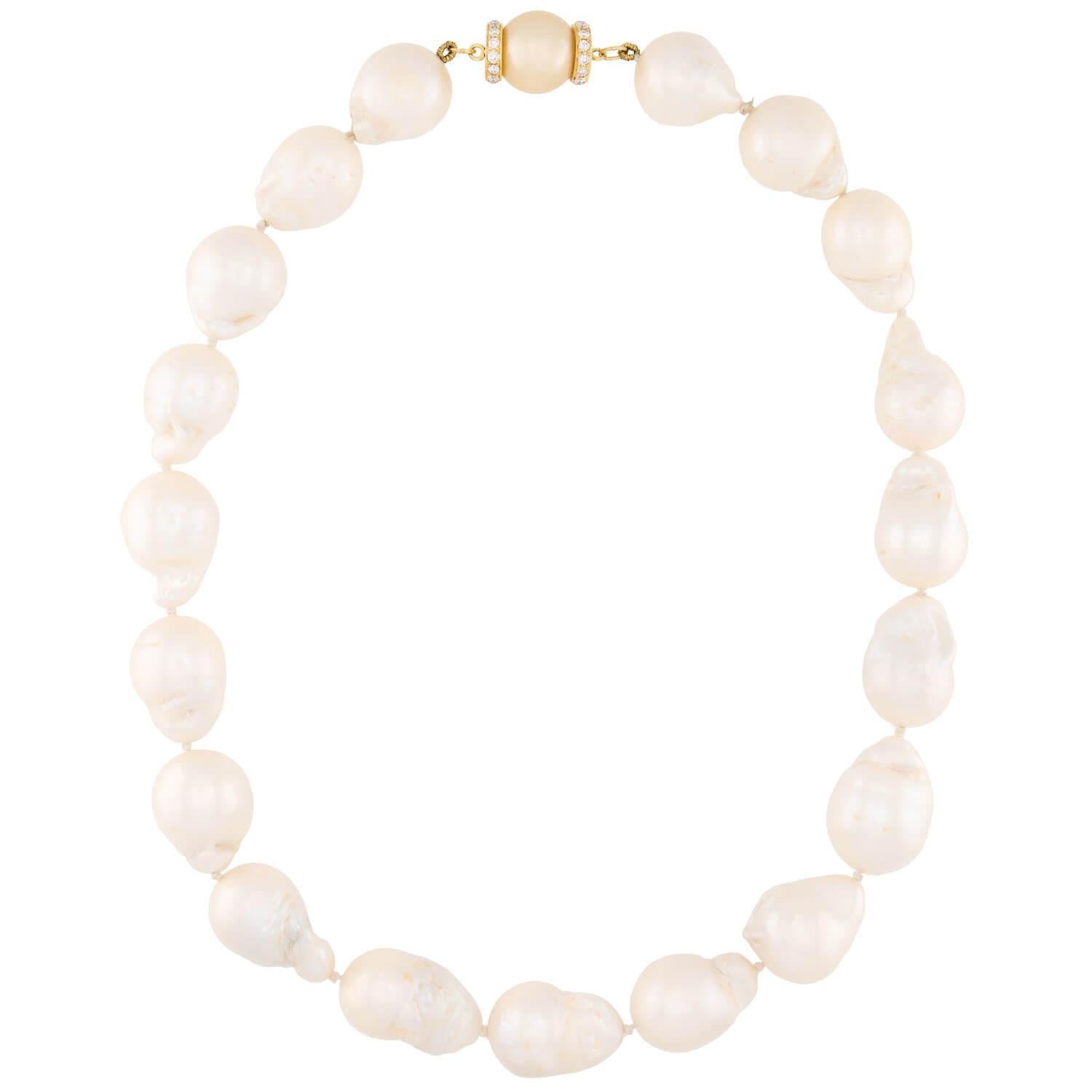 Modern Estate 18k Baroque Pearl and Diamond Necklace For Sale