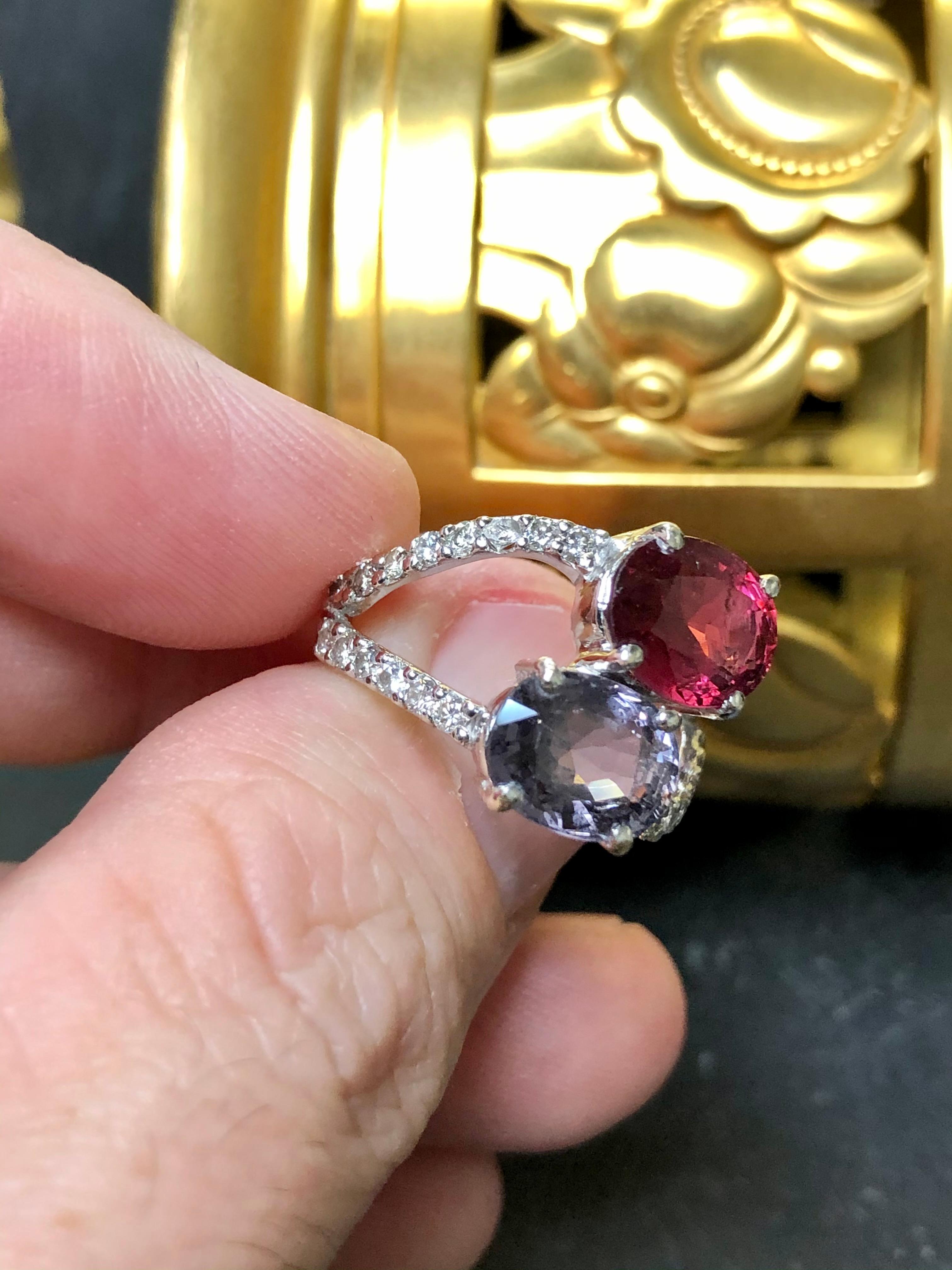 Estate 18K Blue Red Oval Spinel Diamond Bypass Cocktail Ring IGI Report Sz 7.5 In Good Condition For Sale In Winter Springs, FL