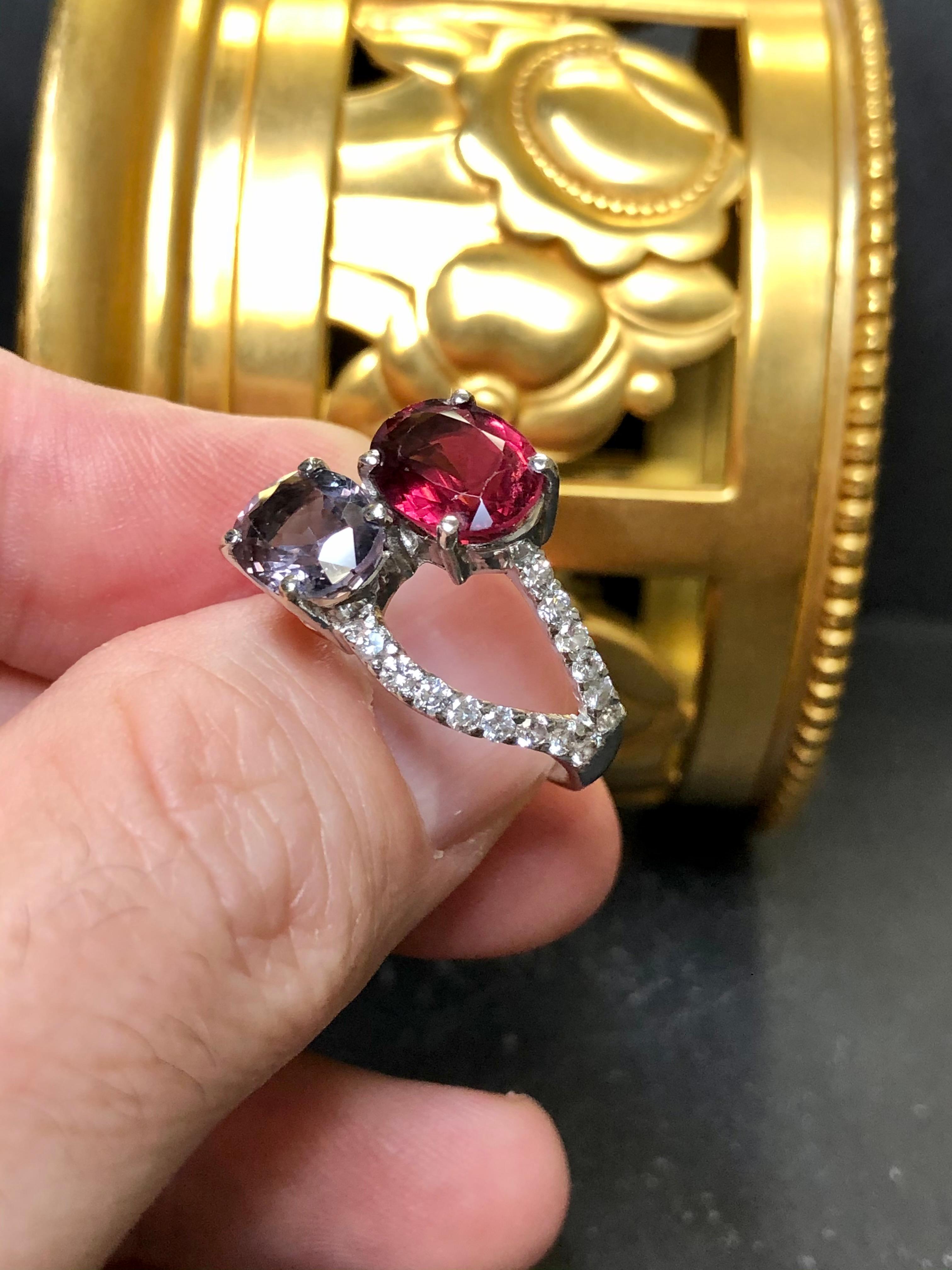 Women's or Men's Estate 18K Blue Red Oval Spinel Diamond Bypass Cocktail Ring IGI Report Sz 7.5 For Sale
