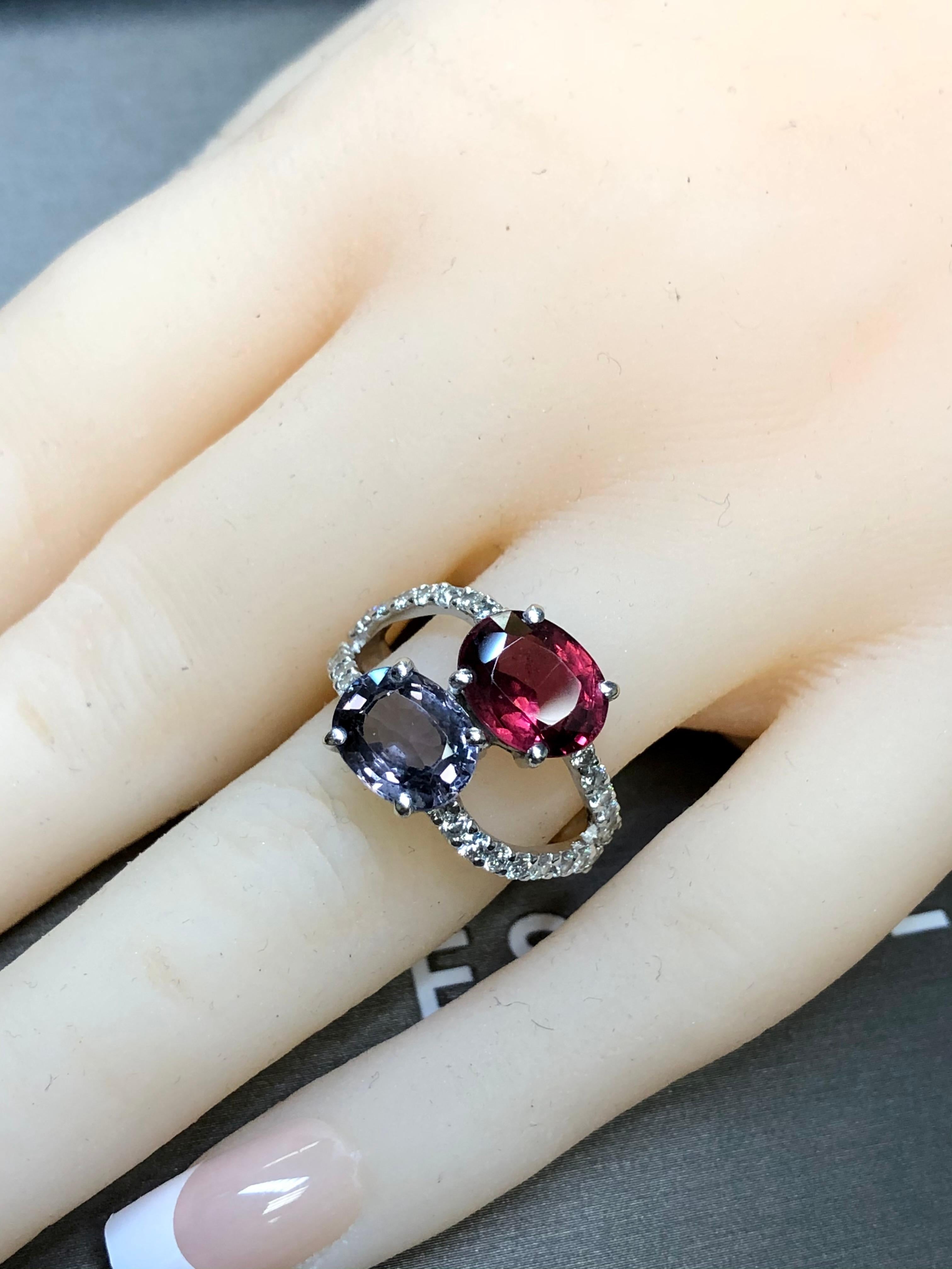 Estate 18K Blue Red Oval Spinel Diamond Bypass Cocktail Ring IGI Report Sz 7.5 For Sale 1