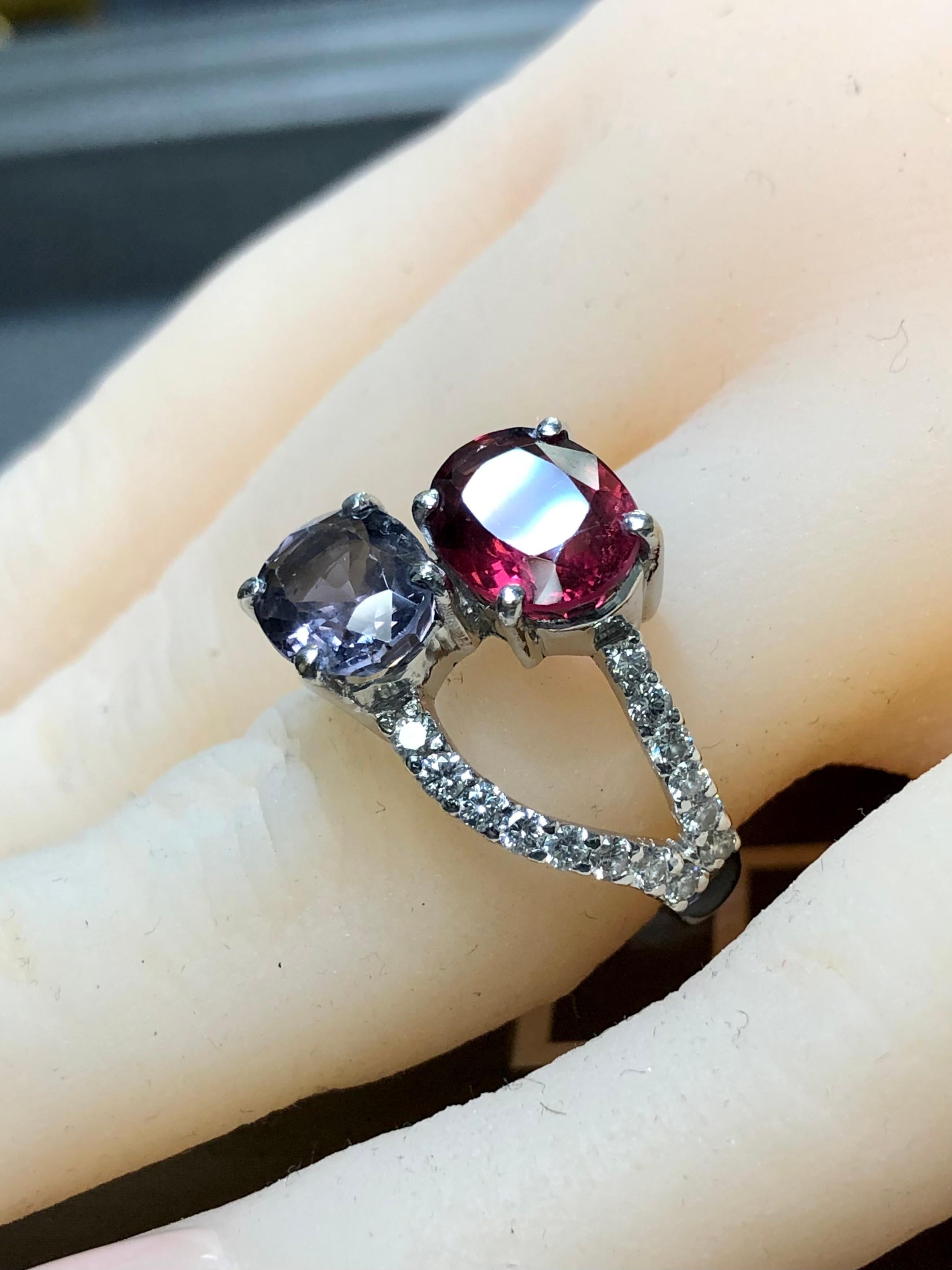 Estate 18K Blue Red Oval Spinel Diamond Bypass Cocktail Ring IGI Report Sz 7.5 For Sale 2