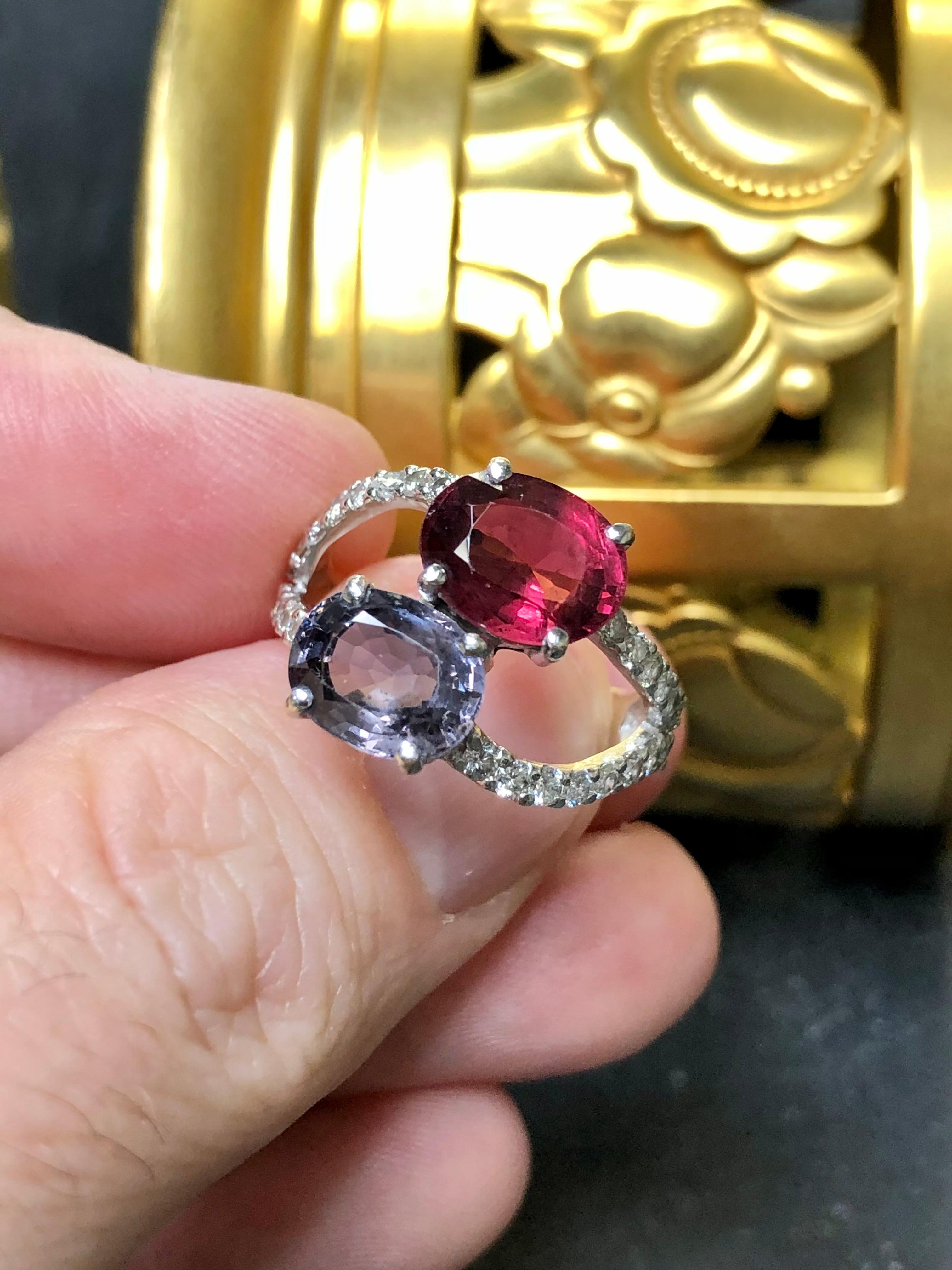 Estate 18K Blue Red Oval Spinel Diamond Bypass Cocktail Ring IGI Report Sz 7.5 For Sale 3