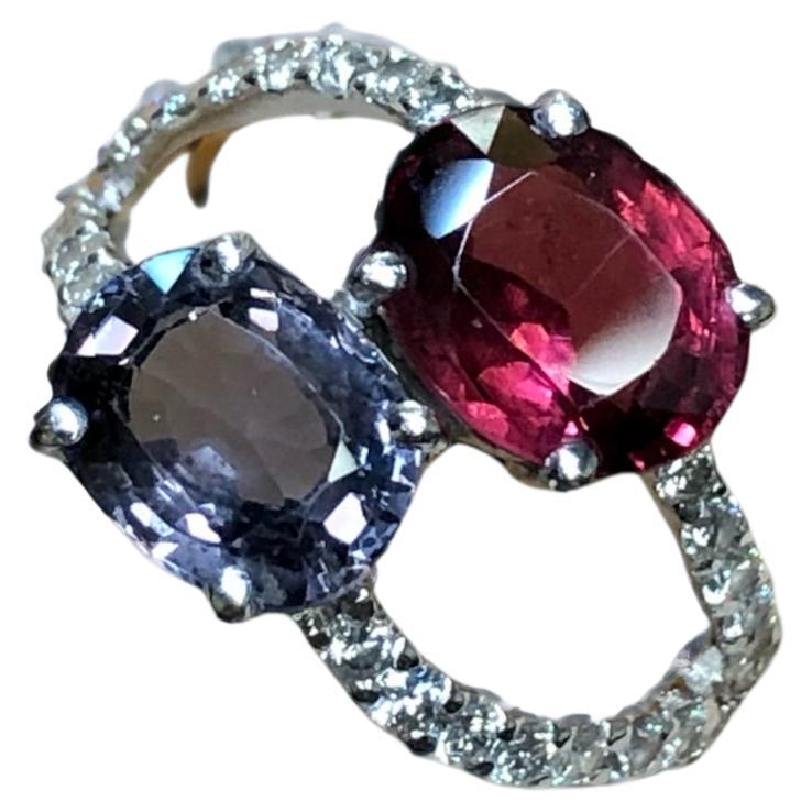 Estate 18K Blue Red Oval Spinel Diamond Bypass Cocktail Ring IGI Report Sz 7.5 For Sale