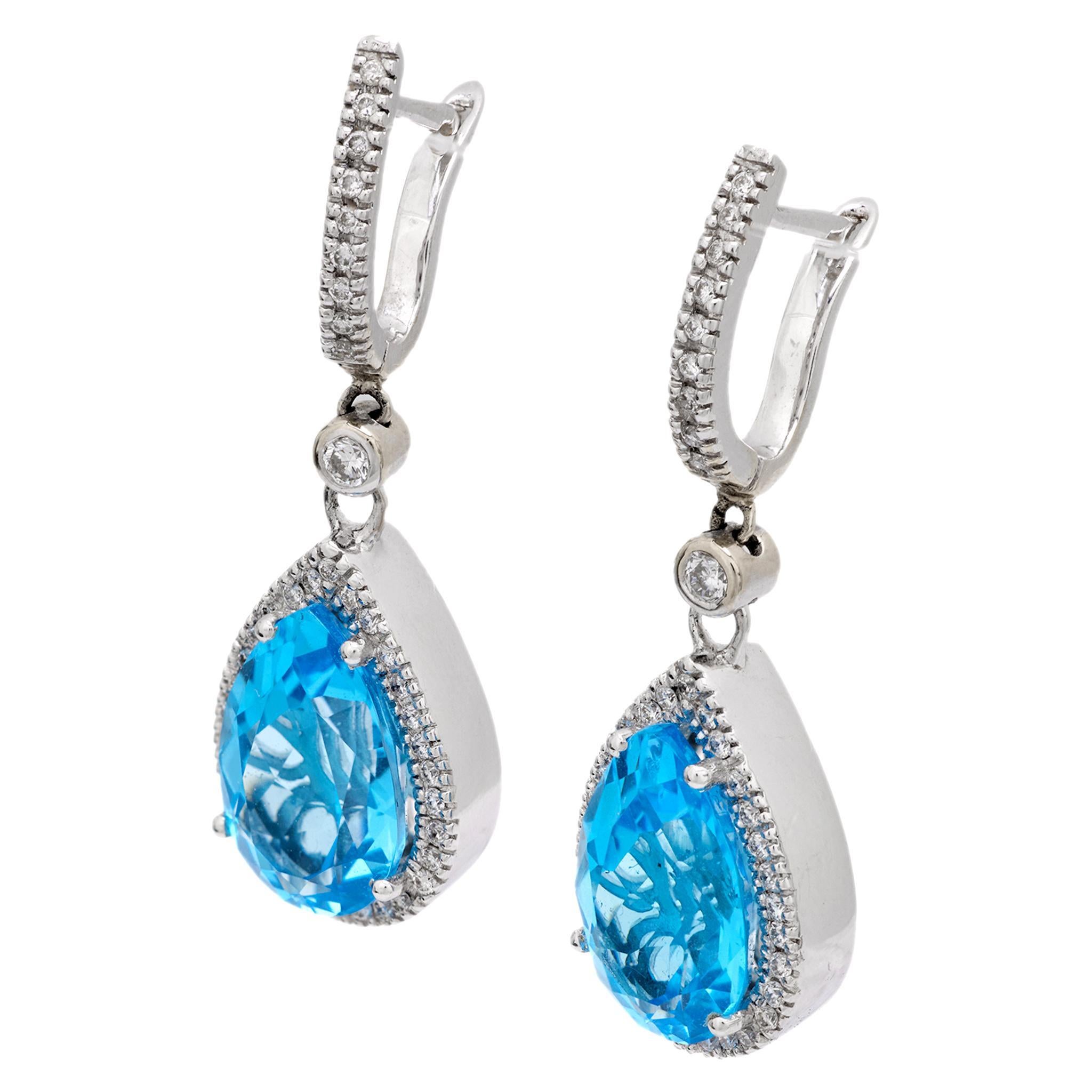 Modern Estate 18k Blue Topaz and Diamond Drop Earrings For Sale