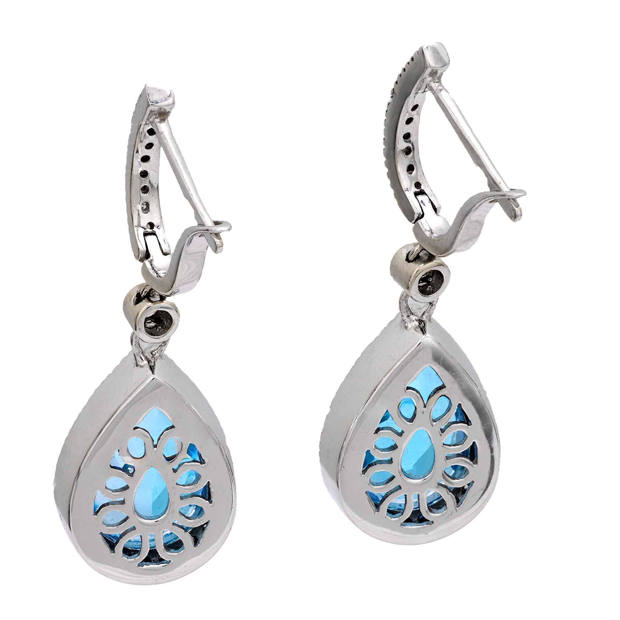 Pear Cut Estate 18k Blue Topaz and Diamond Drop Earrings For Sale