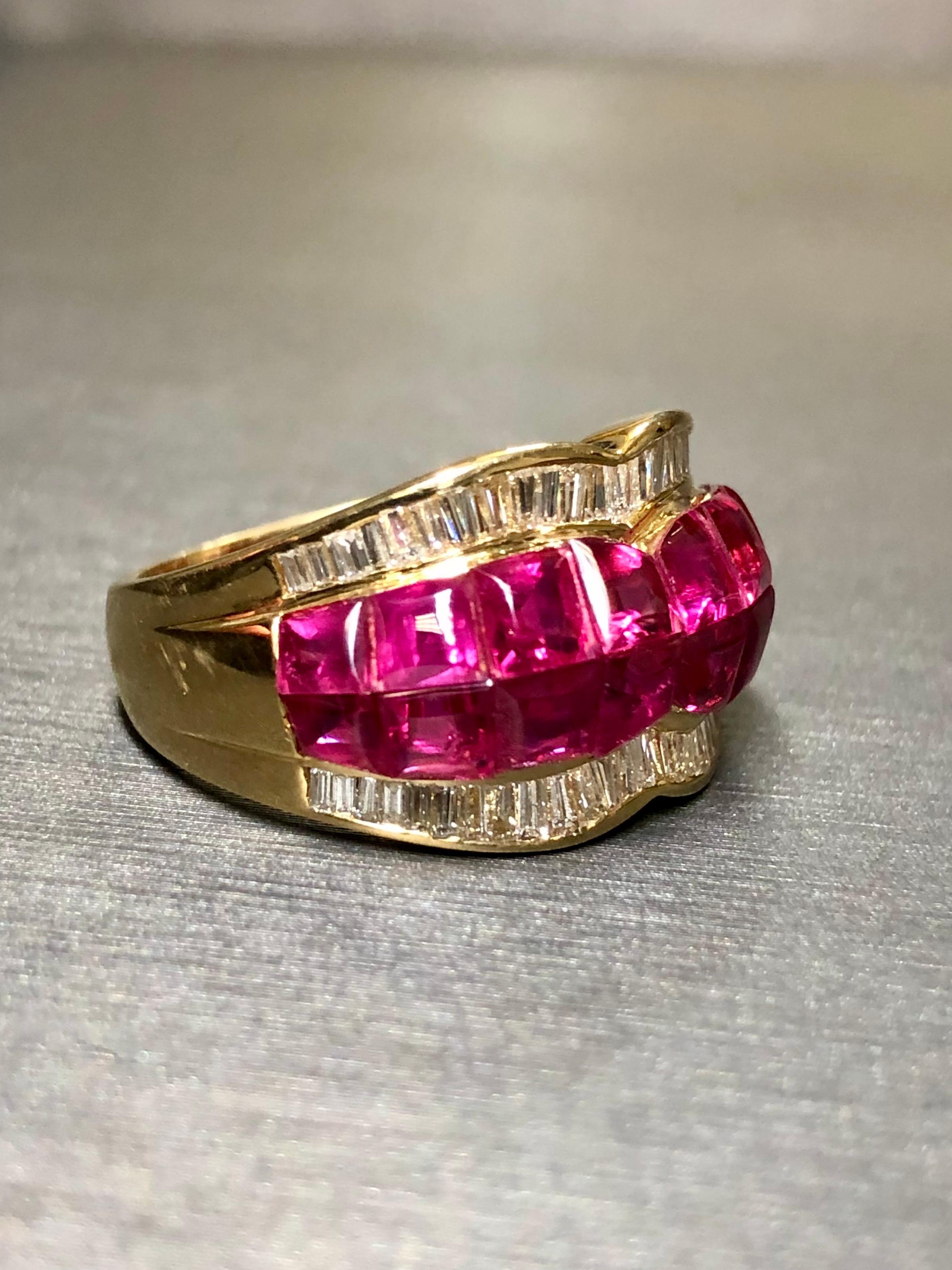 
A beautifully made ring invisibly set with approximately 5cttw in large buff top natural rubies as well as 1.30cttw in H-I color Vs1-2 clarity tapered baguette diamonds. An elegant and unique addition to any collection.



*All items are tested for