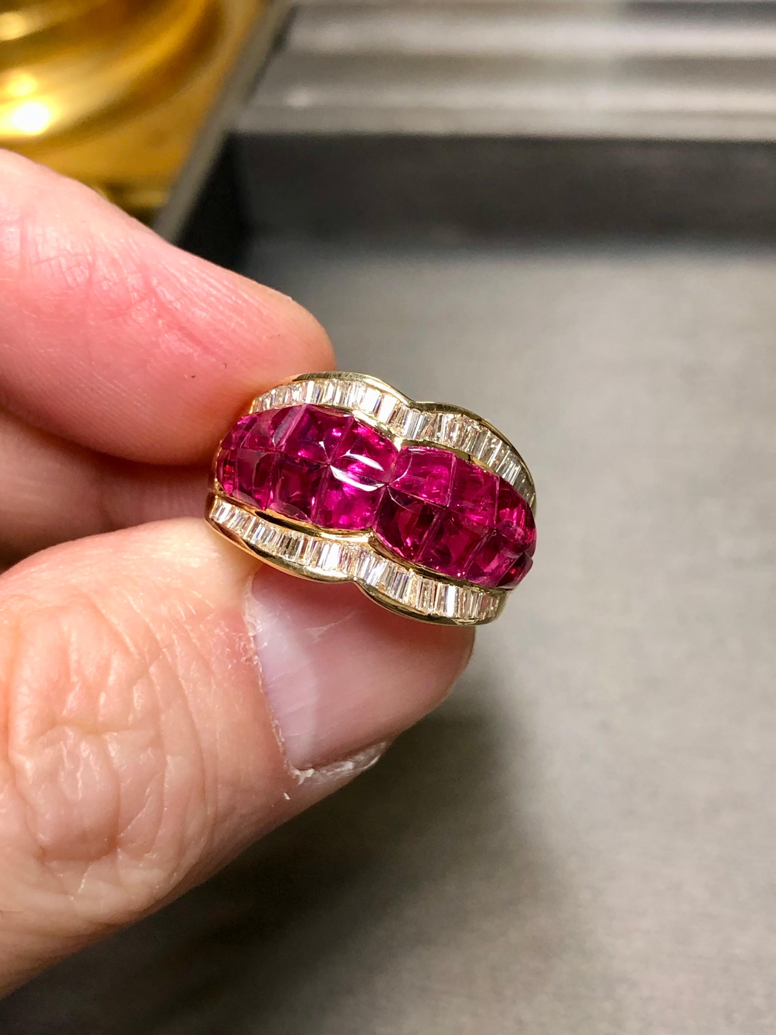 Contemporary Estate 18K Buff Top Ruby Baguette Diamond Cocktail Band Ring 6.30cttw Sz 6.75 For Sale