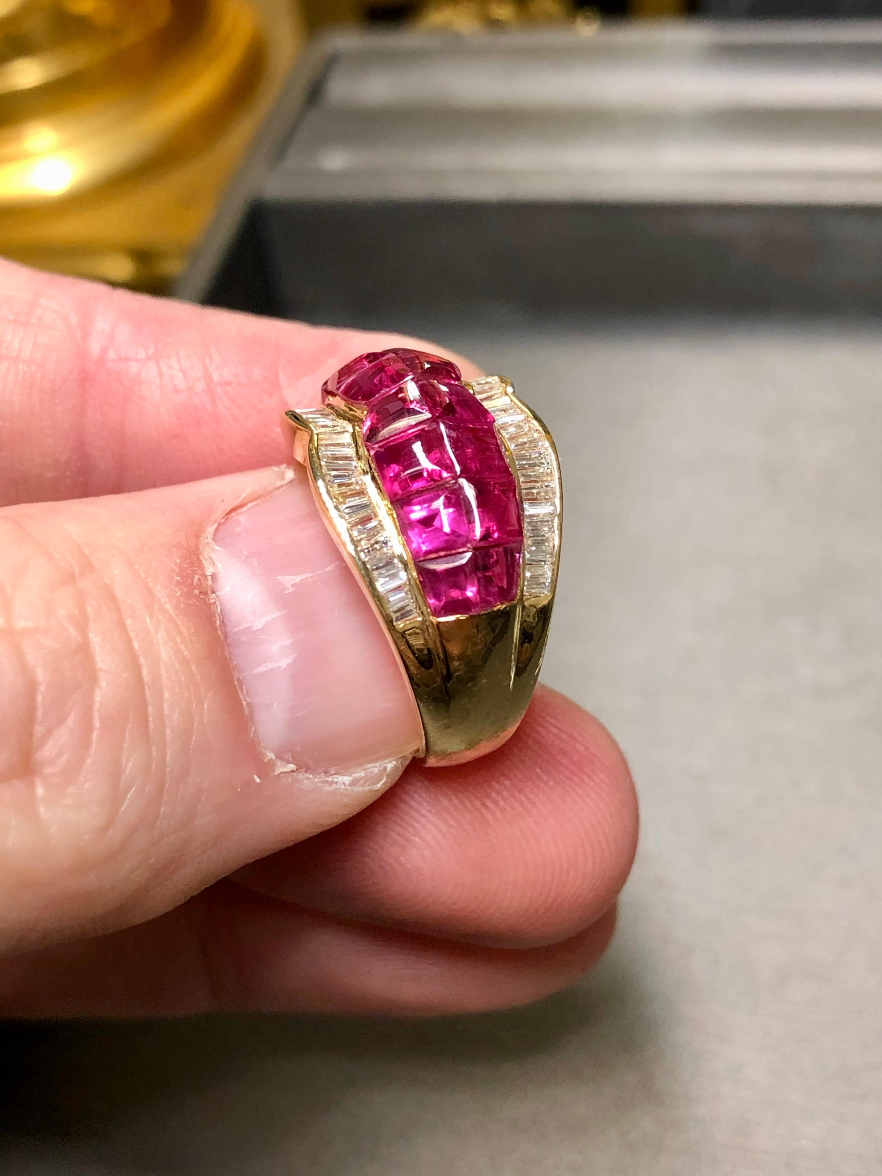 Estate 18K Buff Top Ruby Baguette Diamond Cocktail Band Ring 6.30cttw Sz 6.75 In Good Condition For Sale In Winter Springs, FL