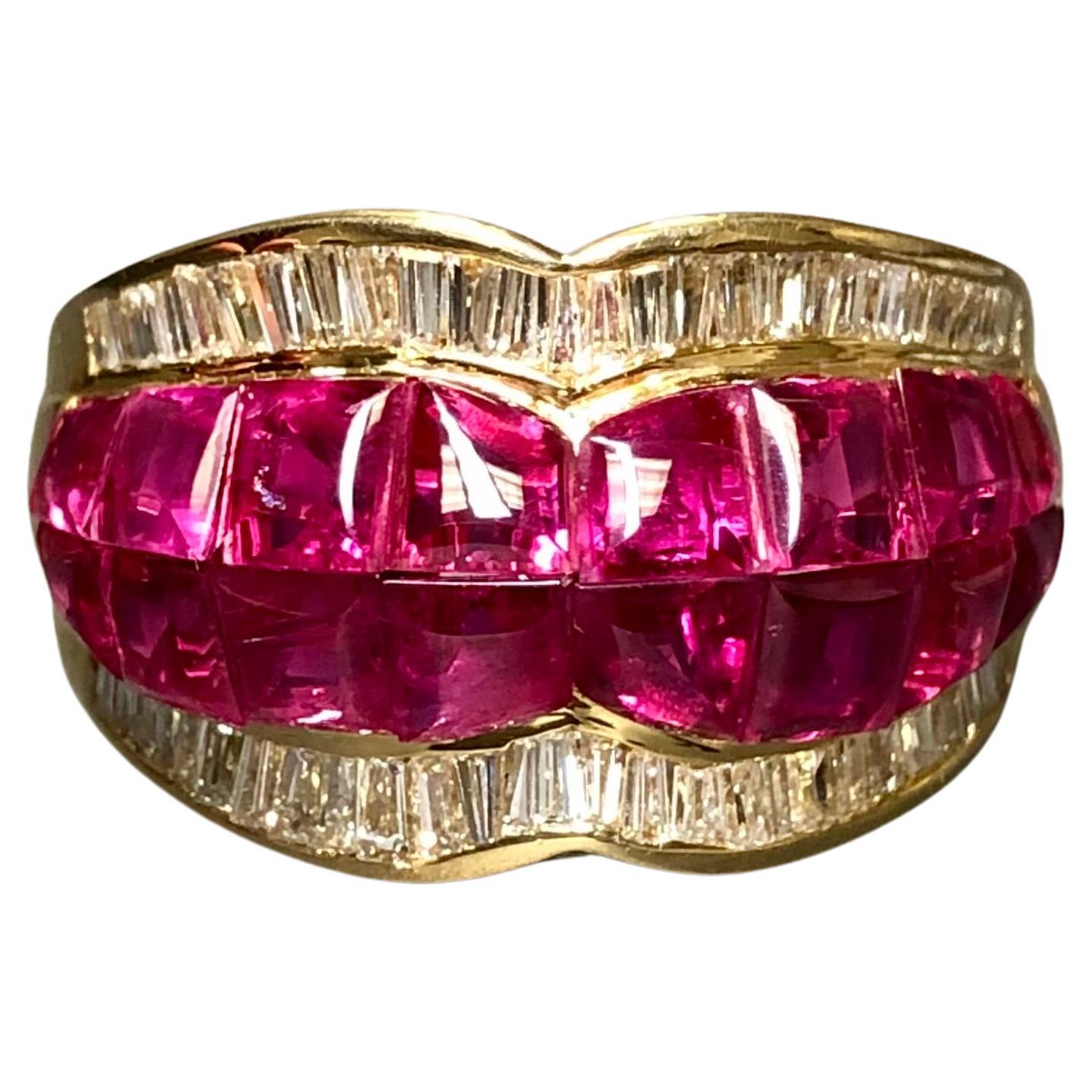 Estate 18K Buff Top Ruby Baguette Diamond Cocktail Band Ring 6.30cttw Sz 6.75 For Sale