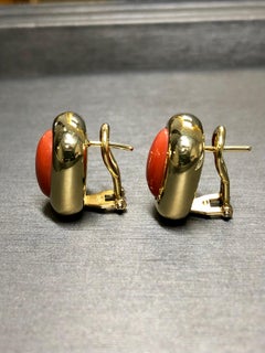 Estate 18K Cabochon Red Coral Cushion Huggie Earrings Omega Backs