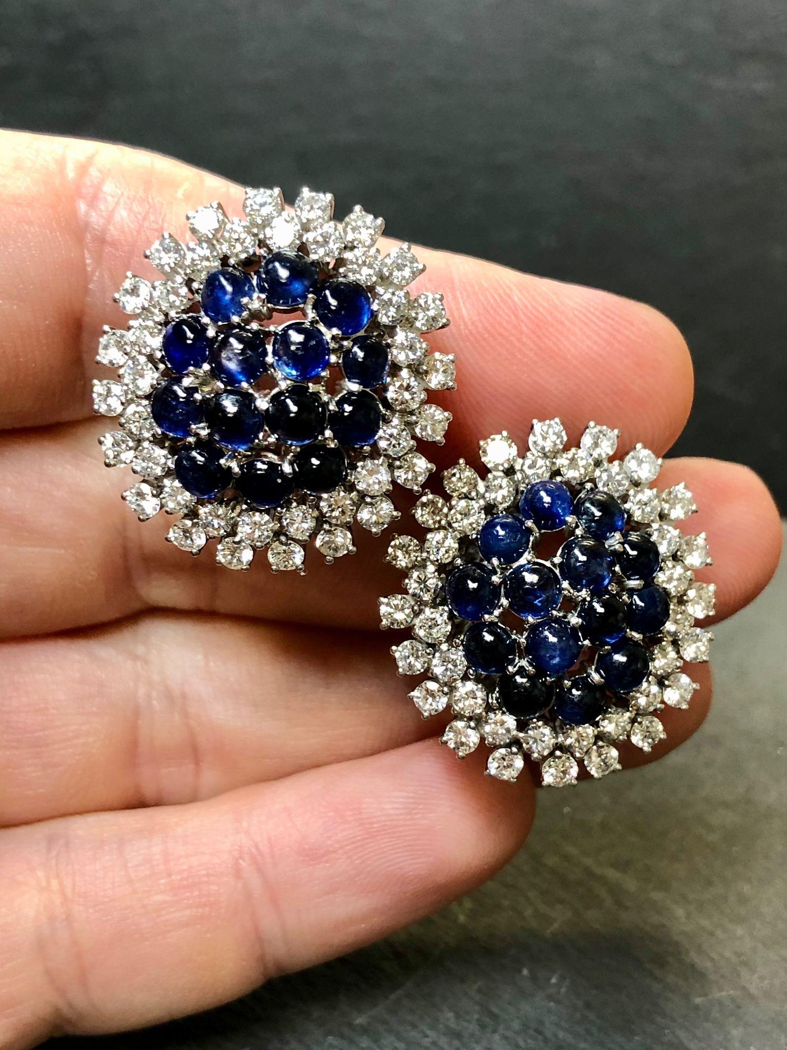 Estate Round 18K Cabochon Sapphire Diamond Omega Back Earrings 11.40cttw  In Good Condition For Sale In Winter Springs, FL