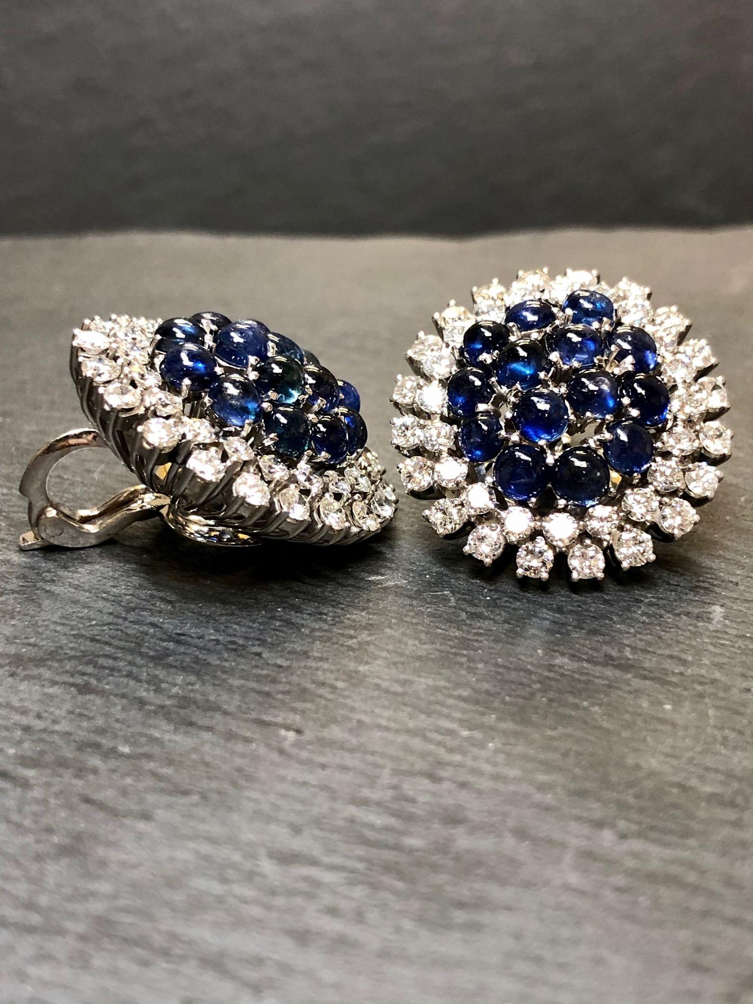 Women's Estate Round 18K Cabochon Sapphire Diamond Omega Back Earrings 11.40cttw  For Sale