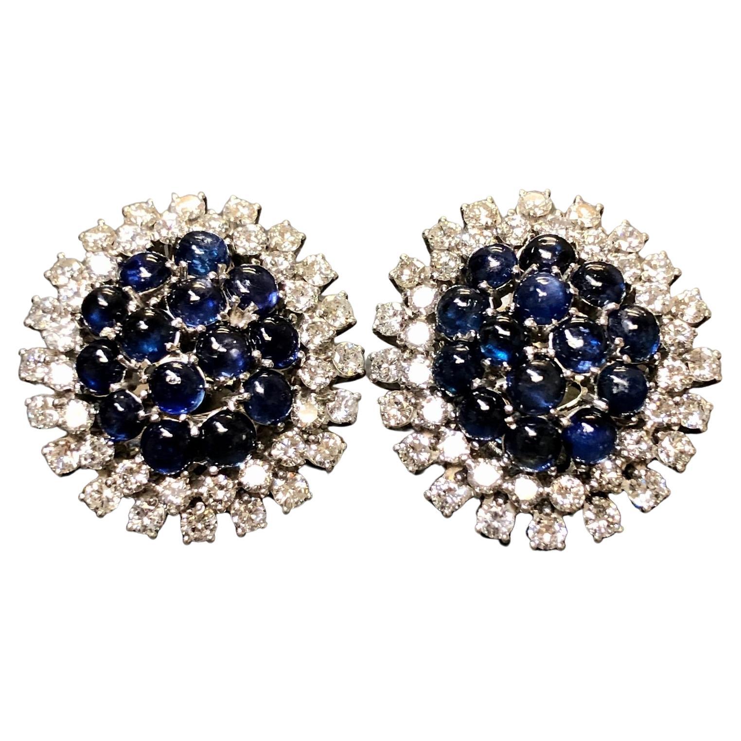 Estate Round 18K Cabochon Sapphire Diamond Omega Back Earrings 11.40cttw  For Sale