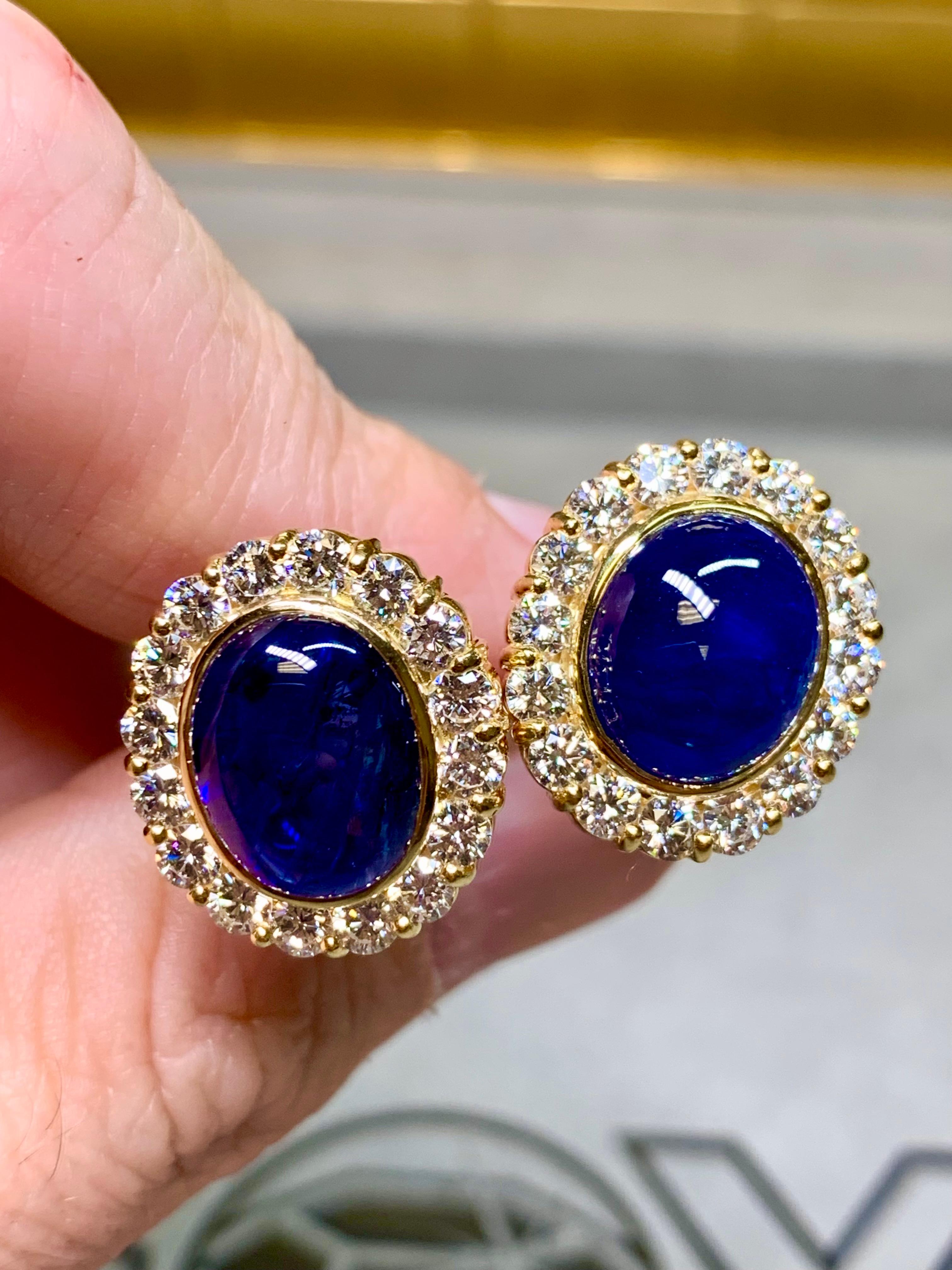 Women's or Men's Estate 18K Cabochon Sapphire Diamond Rosetta Huggie Earrings 17.56ctw F Vs+ For Sale