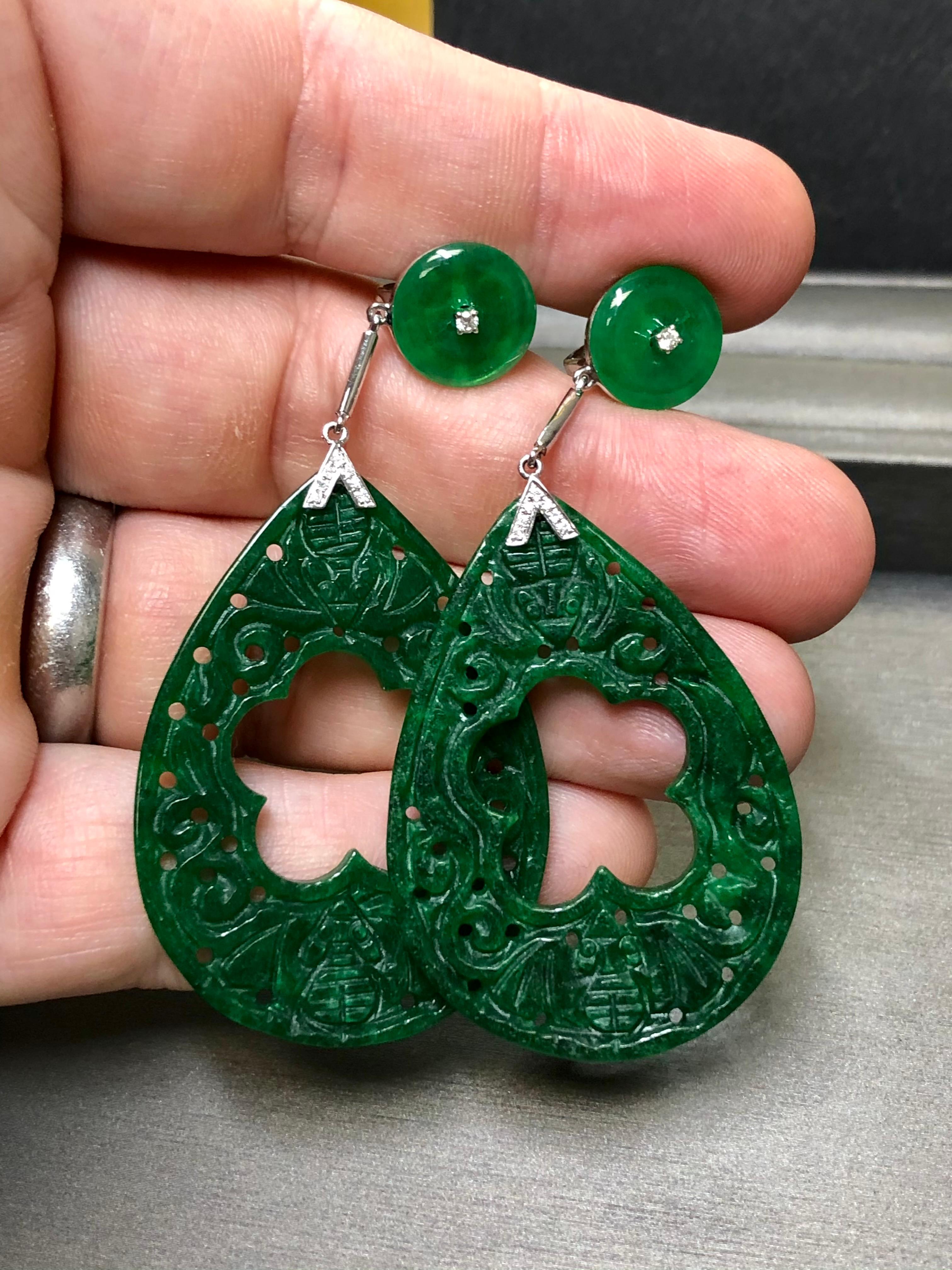 Estate 18k Carved Jade Disc Diamond Dangle Drop Earrings For Sale 3