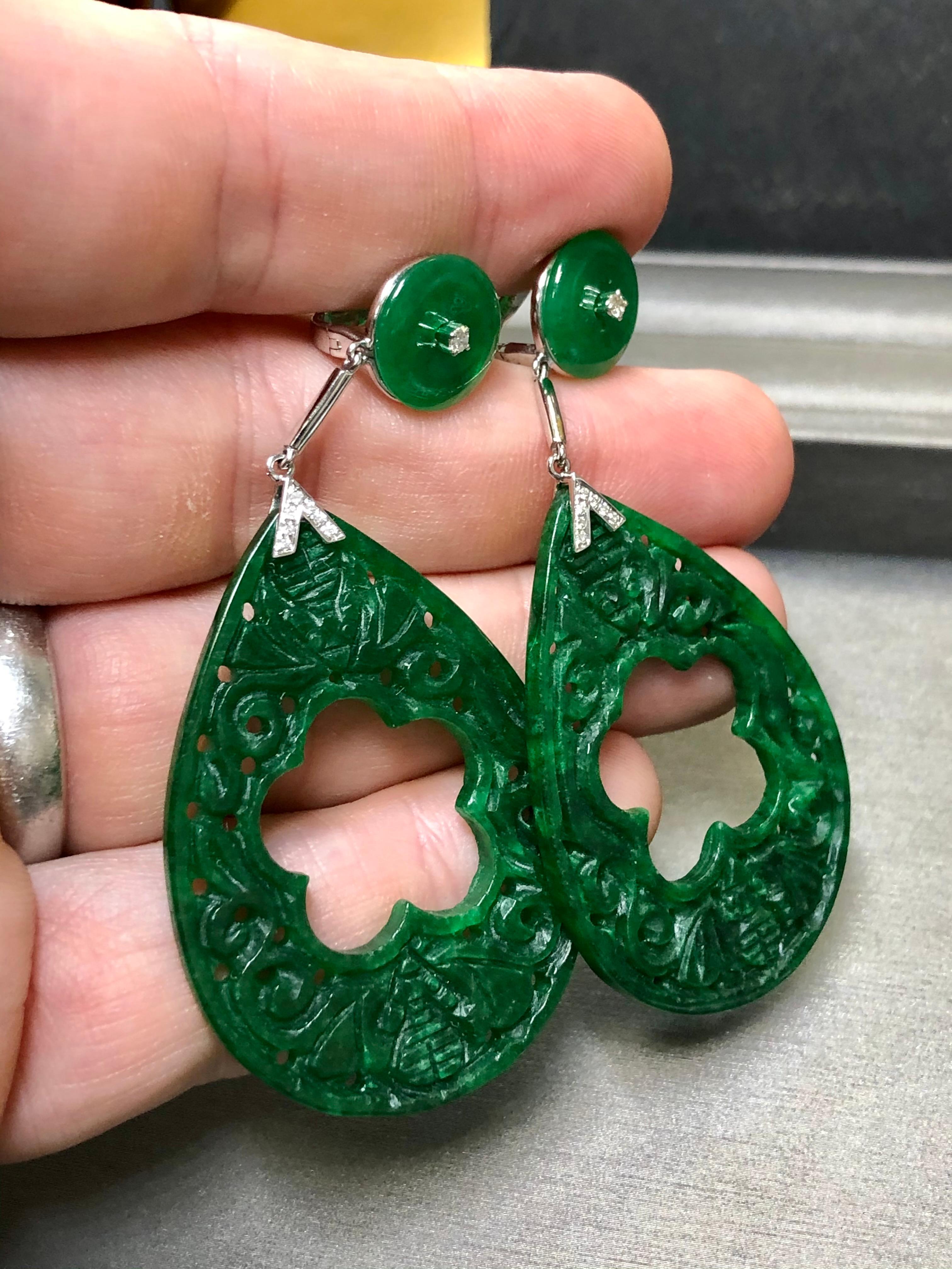 Estate 18k Carved Jade Disc Diamond Dangle Drop Earrings For Sale 5