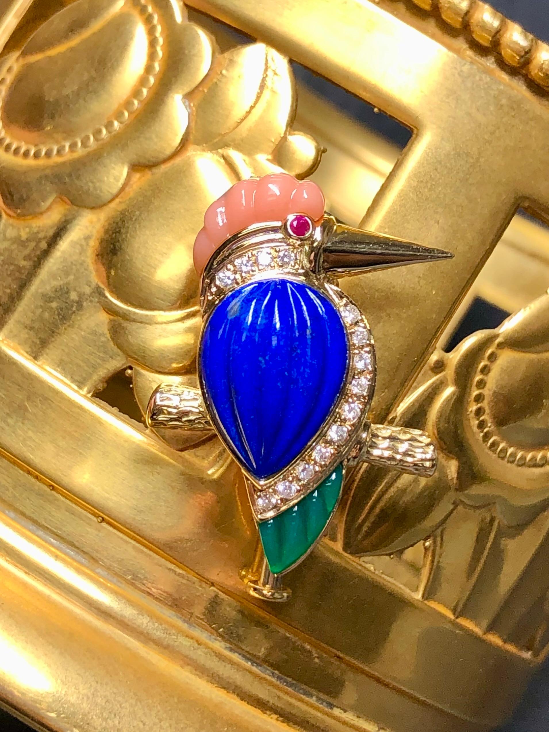 Tumbled Estate 18K Carved Lapis Coral Chalcedony Diamond Kingfisher Bird Pin Pendant For Sale