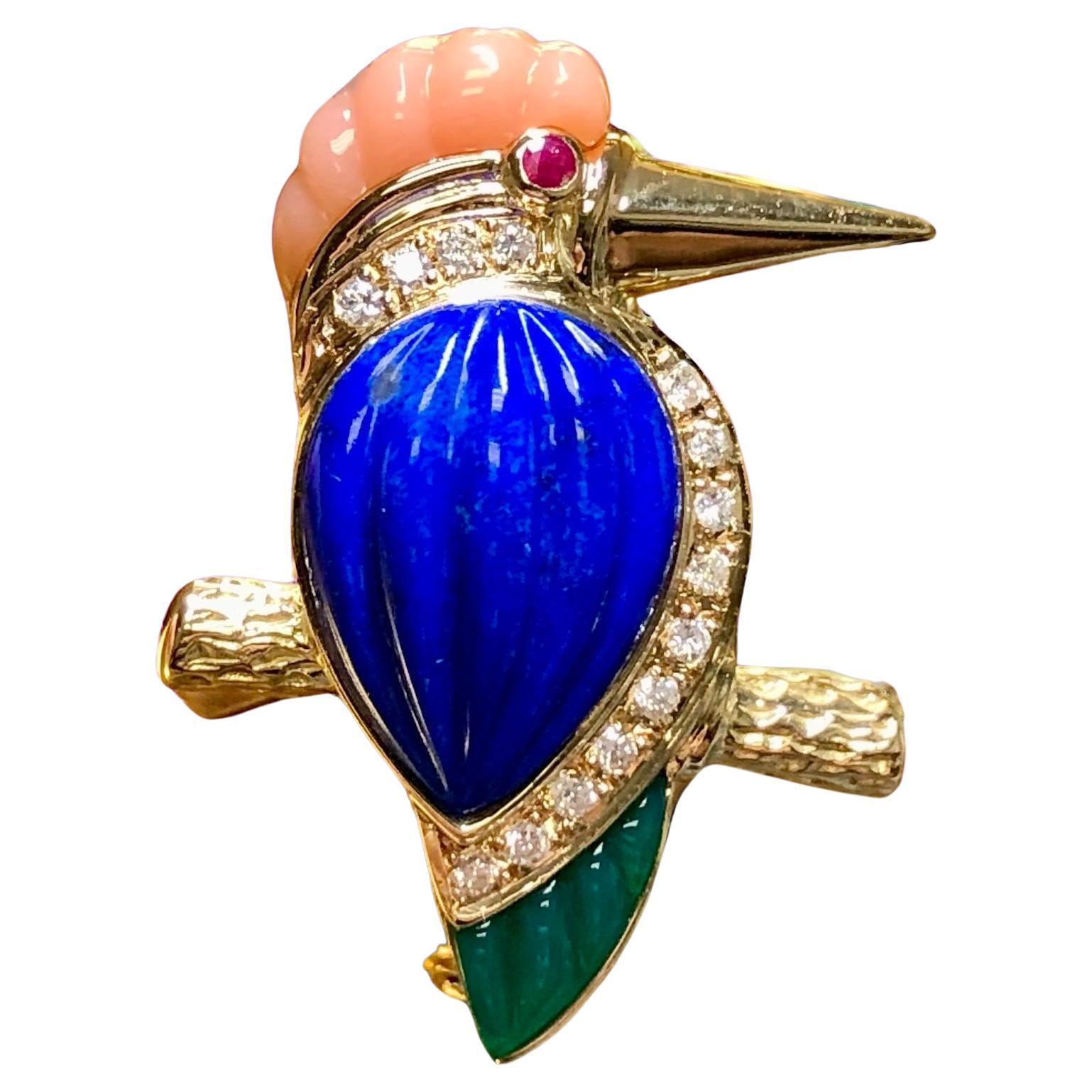 Estate 18K Carved Lapis Coral Chalcedony Diamond Kingfisher Bird Pin Pendant For Sale