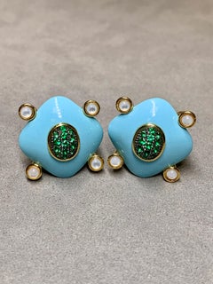 Estate 18K Carved Turquoise Cabochon Moonstone Emerald Geometric Huggie Earrings