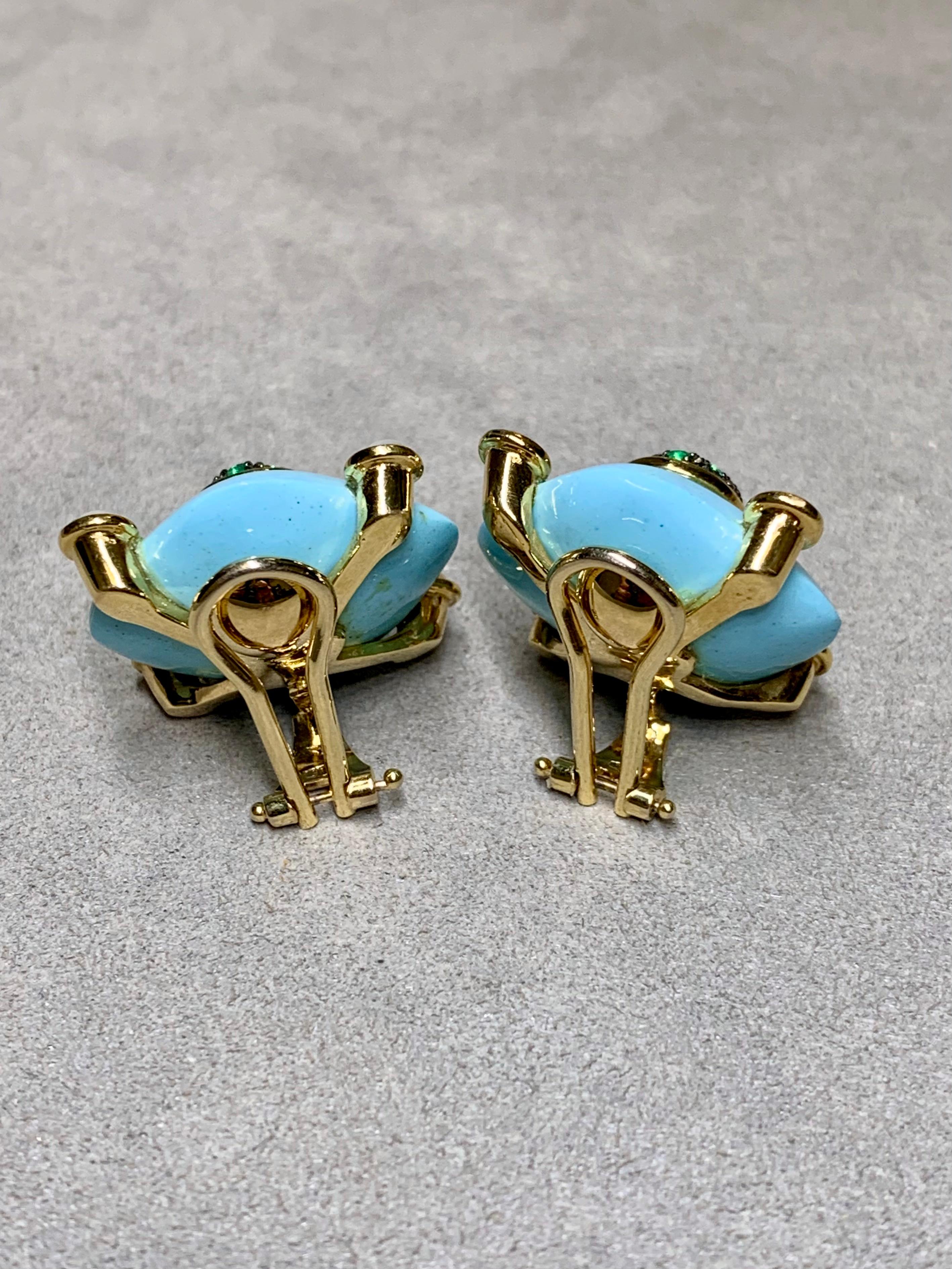 Contemporary Estate 18K Carved Turquoise Cabochon Moonstone Emerald Geometric Huggie Earrings For Sale