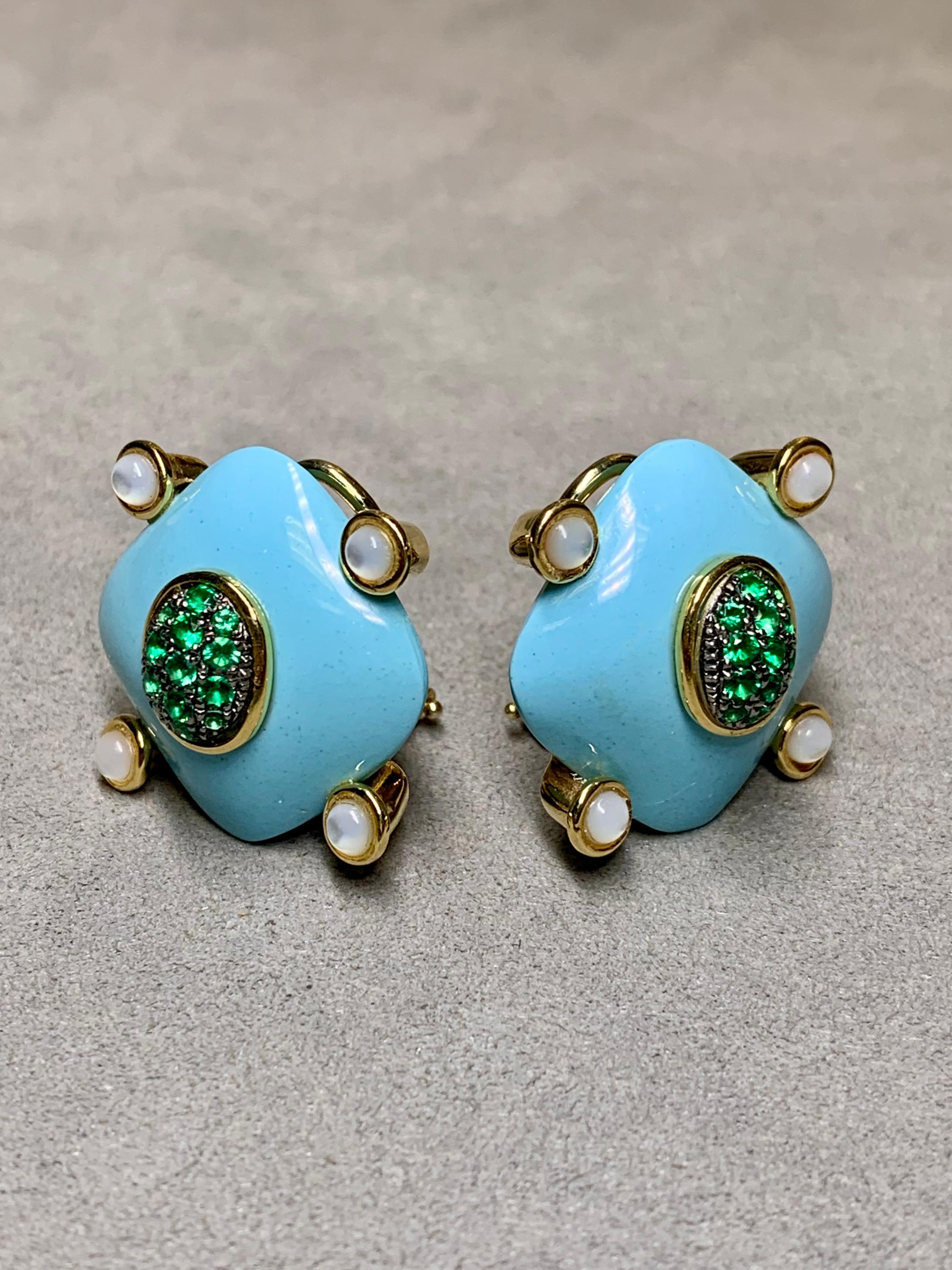 Women's or Men's Estate 18K Carved Turquoise Cabochon Moonstone Emerald Geometric Huggie Earrings For Sale
