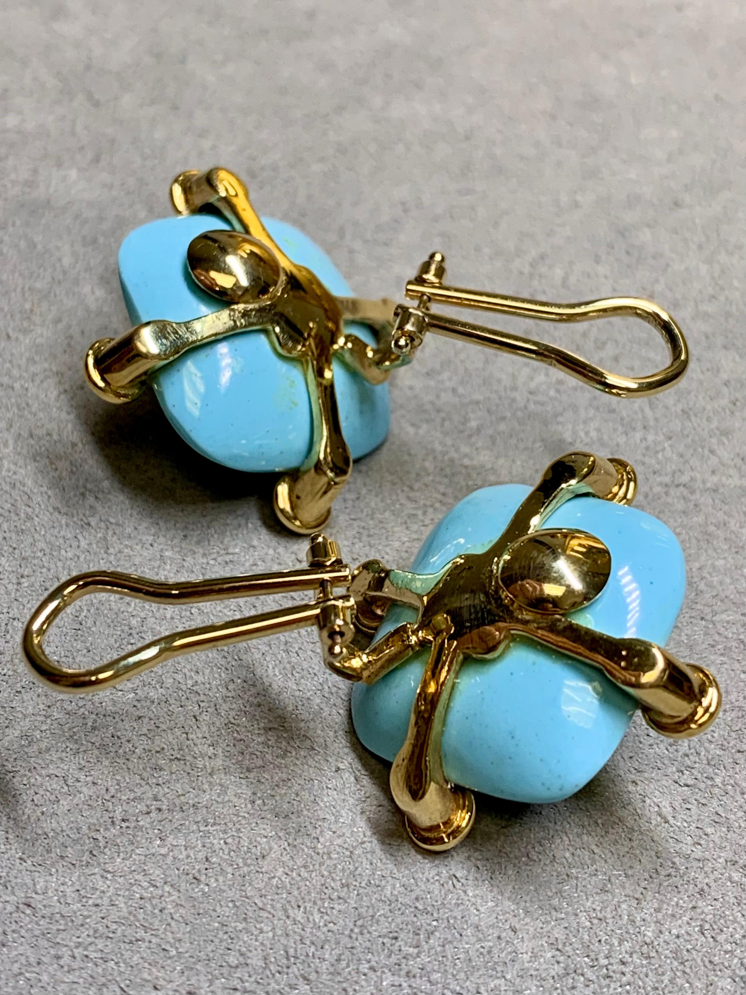 Estate 18K Carved Turquoise Cabochon Moonstone Emerald Geometric Huggie Earrings For Sale 1