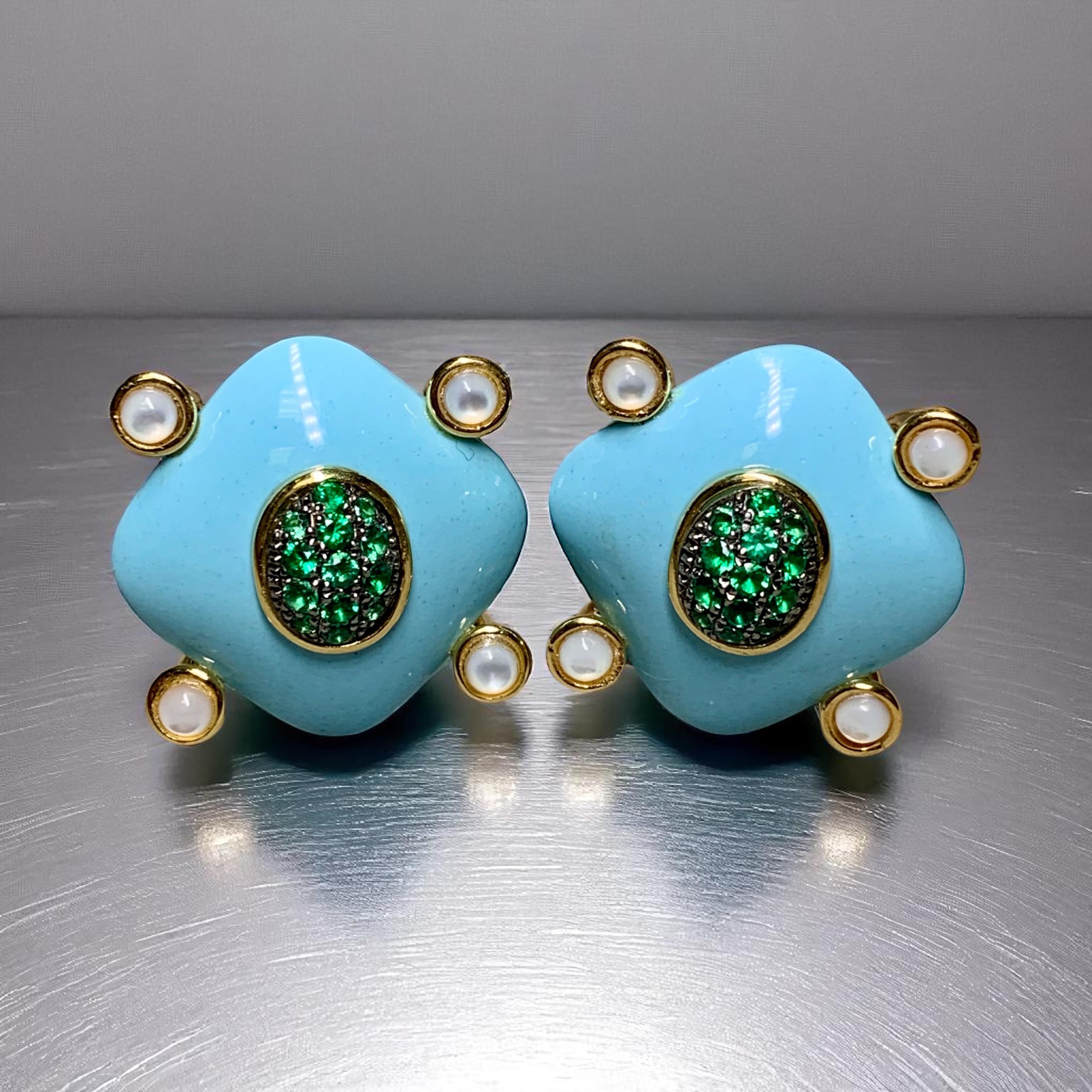 Estate 18K Carved Turquoise Cabochon Moonstone Emerald Geometric Huggie Earrings For Sale 2