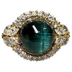 Estate 18K Cats Eye Indicolite Blue Green Tourmaline Cabochon Diamond Ring 12.02