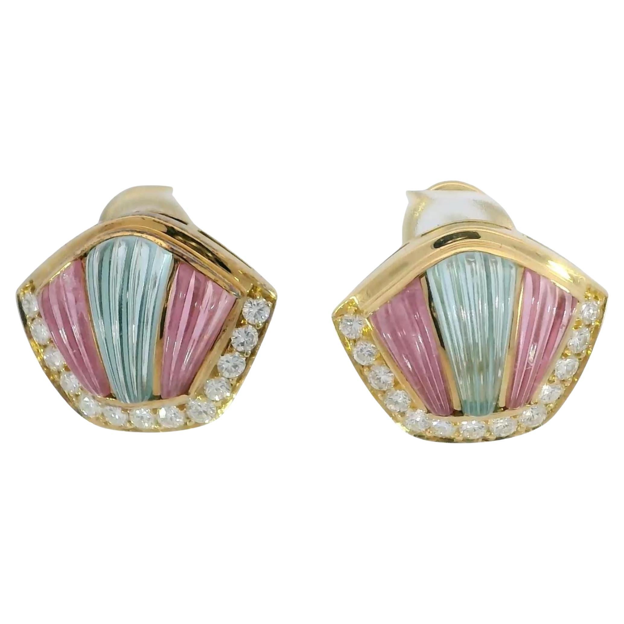 Estate 18K Clip On Earrings Aquamarine Tourmaline Diamonds Yellow Gold en vente